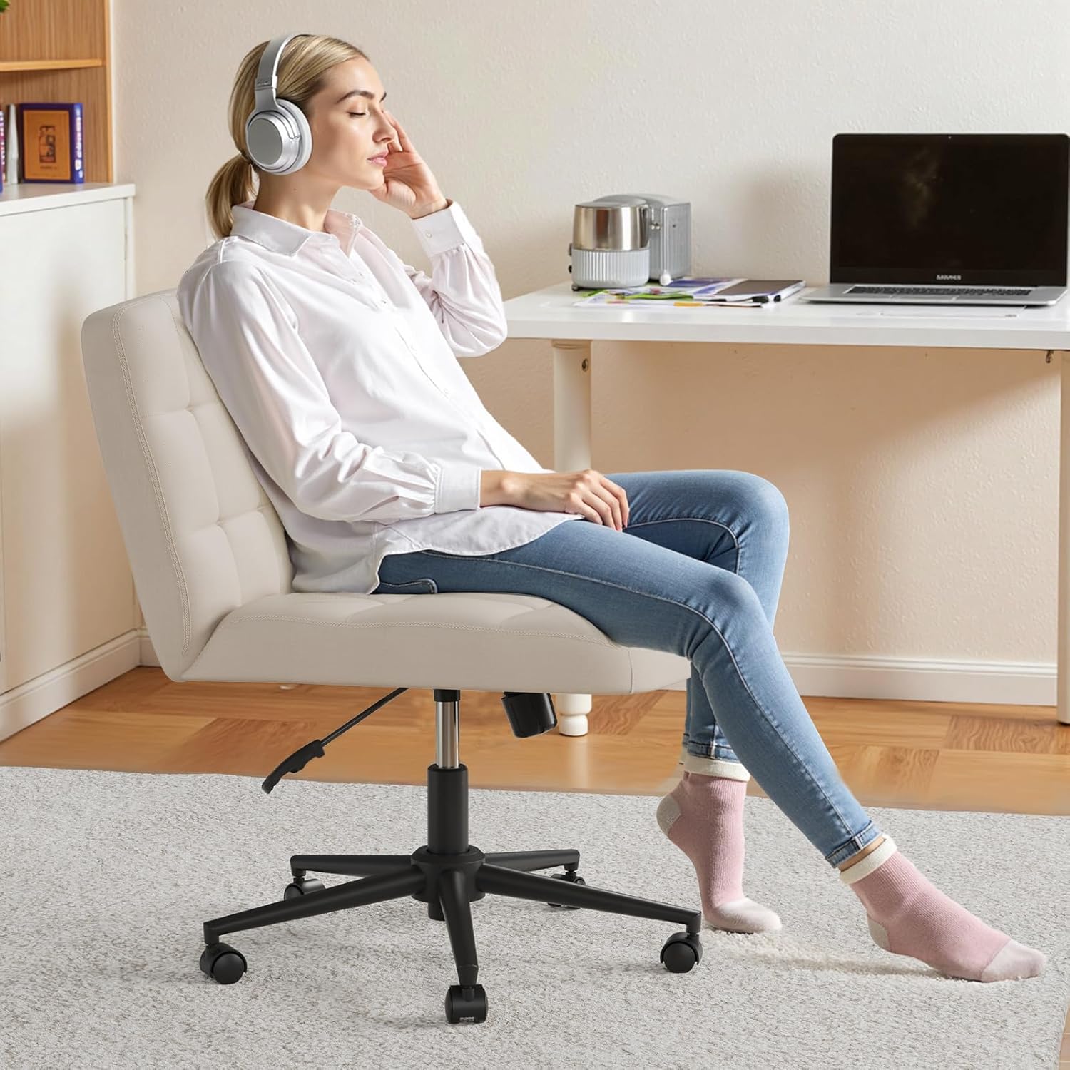 TLSUNNY 360° Swivel Height Adjustable Armless Chair, w/ Wheels and Comfy Wide Cushion, Criss Cross Office Chair, for Home/Bedroom