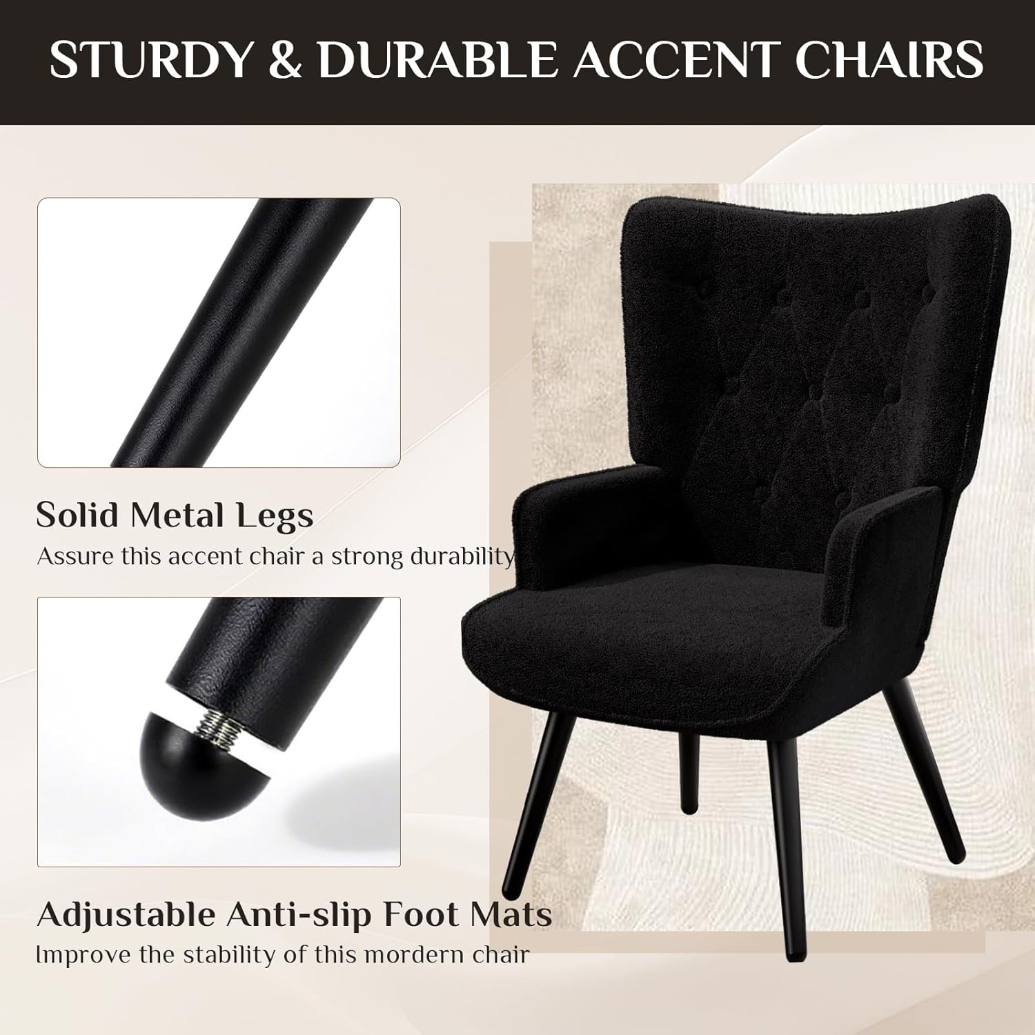 TLSUNNY Accent Chair, Comfy Upholstered Armchair with Metal Legs, High Backrest Living Room Chair, Wingback Chair Mid Century Modern for Living Room/Vanity/Bedroom