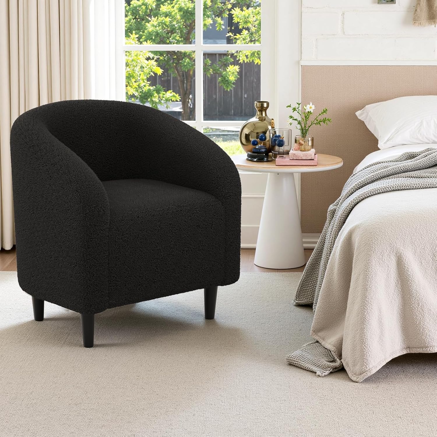 TLSUNNY Upholstered Club Chair Accent Barrel Chair, Teddy Fabric Upholstered Armchair with Side Pocket for Living Room/Bedroom