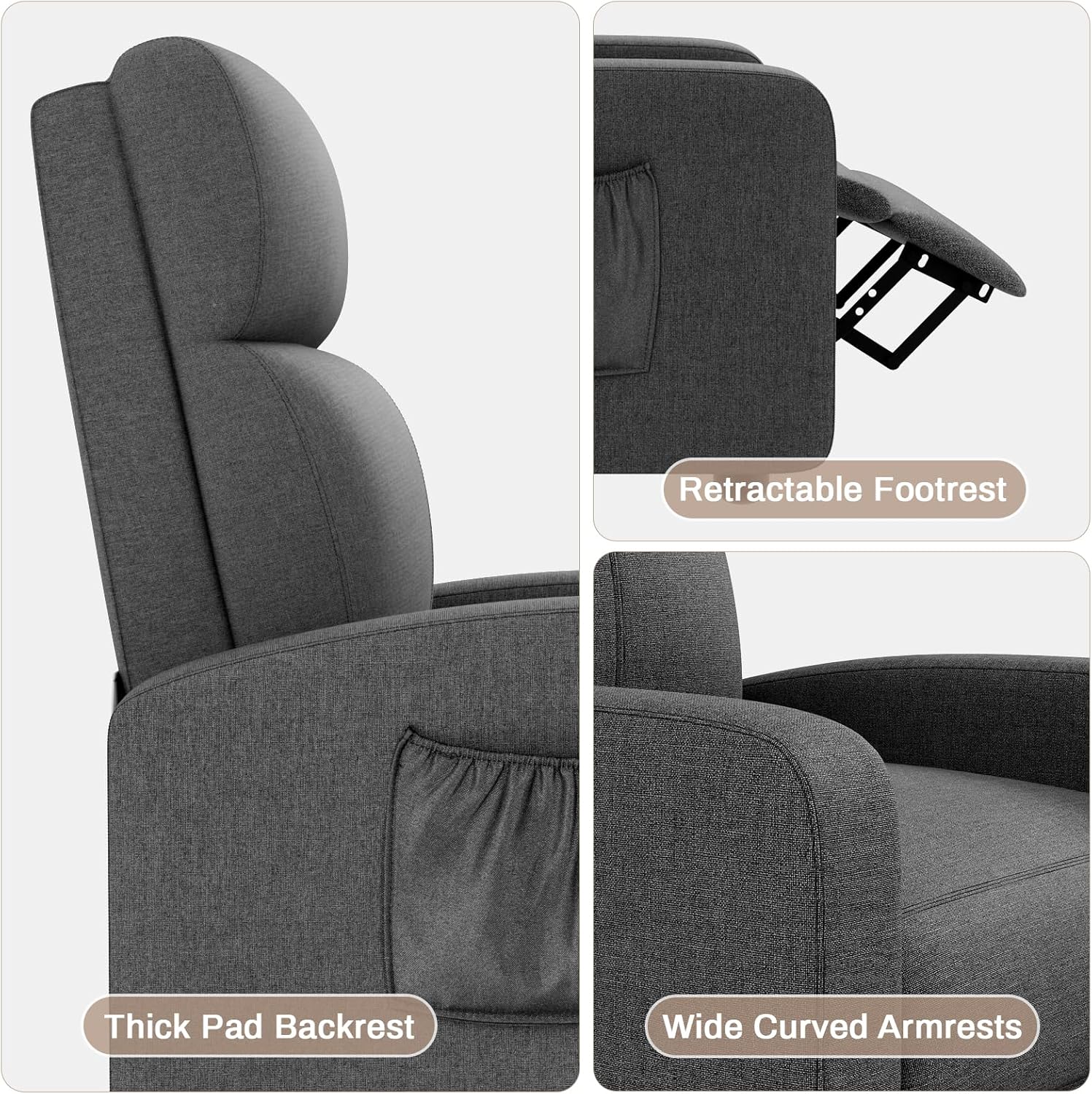 TLSUNNY Fabric Recliner Chair with Side Pocket, Thick Cushion Adjustable Lounger, Modern Home Theater Seating for Bedroom, Living Room