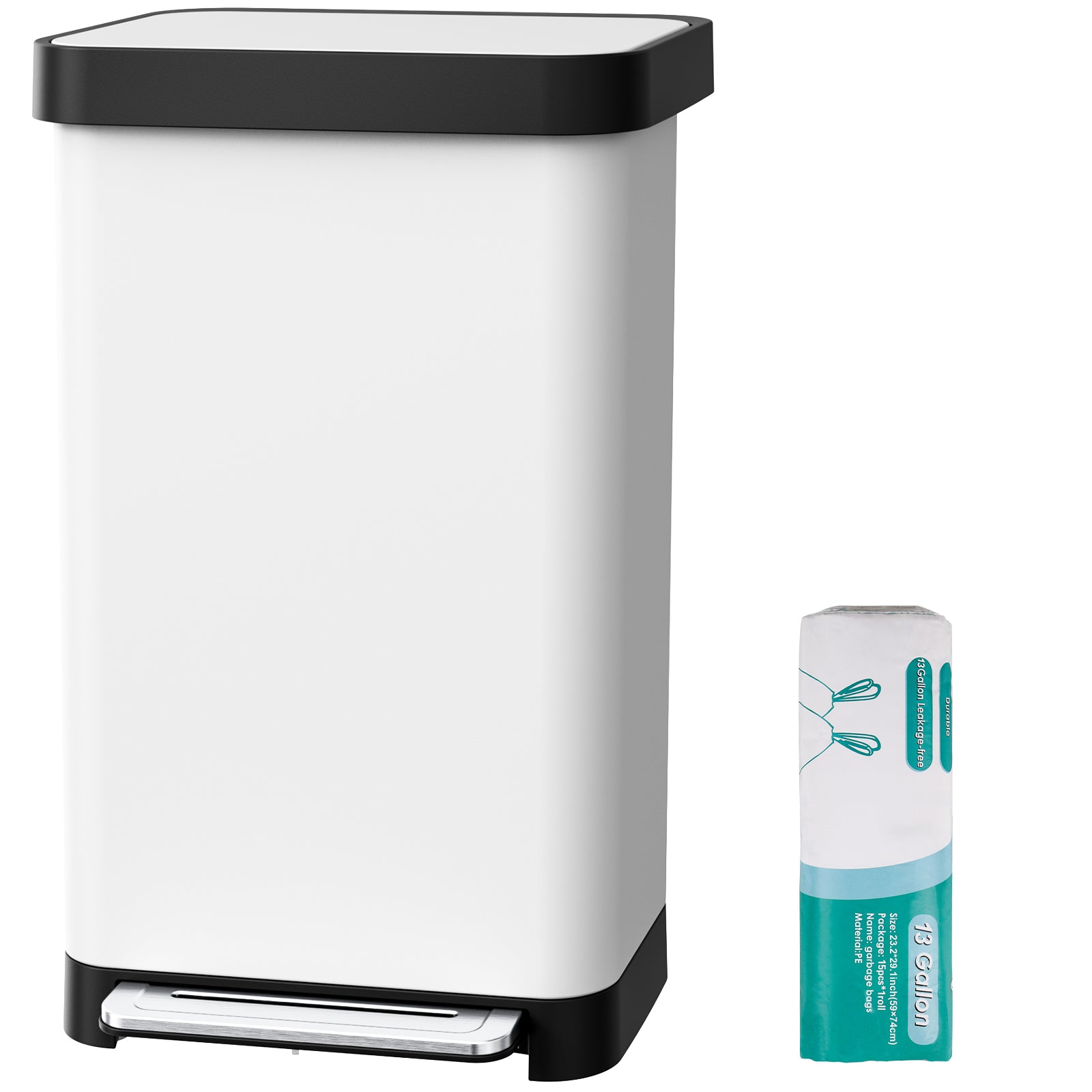 TLSUNNY 13.2 Gal Stainless Steel Trash Can, with 15 Trash Bags & Odor Control, Step-on Pedal Bin with Soft-Close Lid, No Inner Bucket, for Kitchen/Office