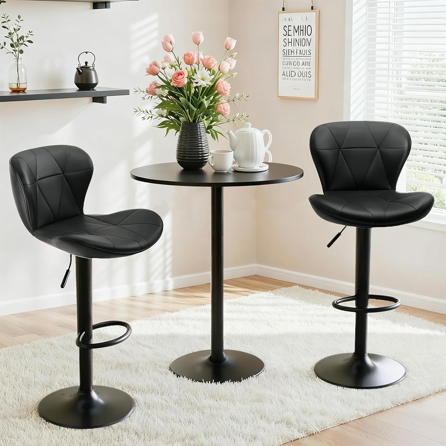 TLSUNNY Modern Upholstered Barstools Set of 2/4, Adjustable Height Counter Stools, PU Leather Swivel Barstools with Metal Frame, for Dining/Cafes