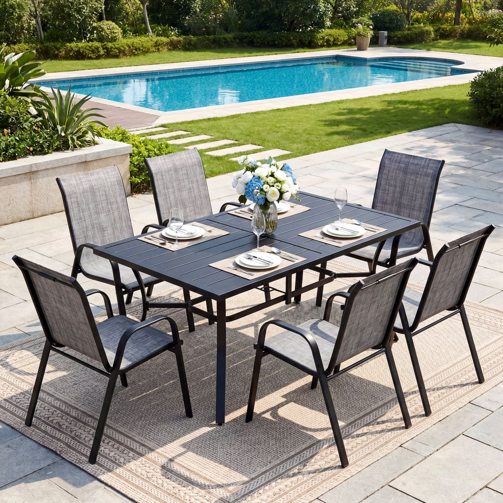 TLSUNNY Outdoor Dining Set, Patio Metal Table and 6 Chairs Set, W/ Umbrella Hole, Stackable Chairs, Outdoor Furniture for Backyard, Porch, Garden