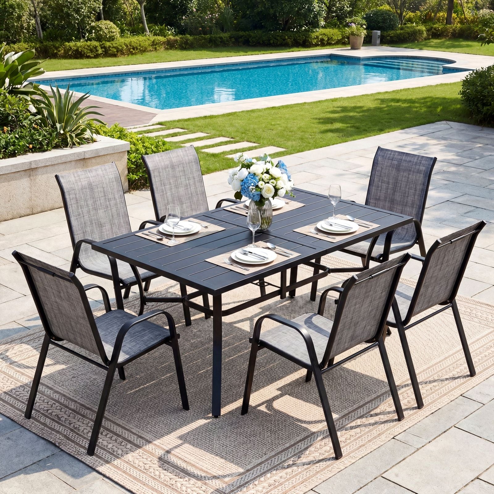 TLSUNNY Outdoor Dining Set, Patio Metal Table and 6 Chairs Set, W/ Umbrella Hole, Stackable Chairs, Outdoor Furniture for Backyard, Porch, Garden