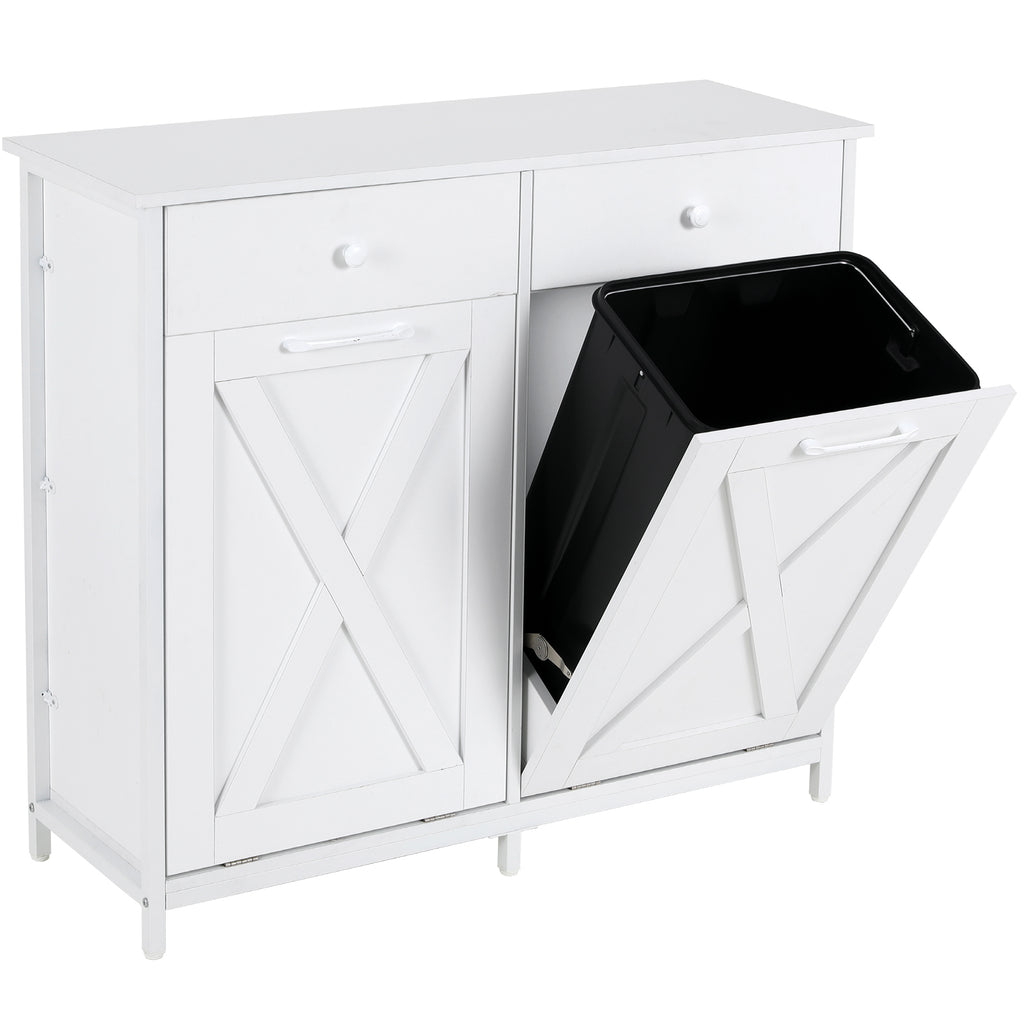 TLSUNNY Dual Tilt-Out Trash Cabinet, Freestanding Recycling Station with Drawer for Living Room/Kitchen