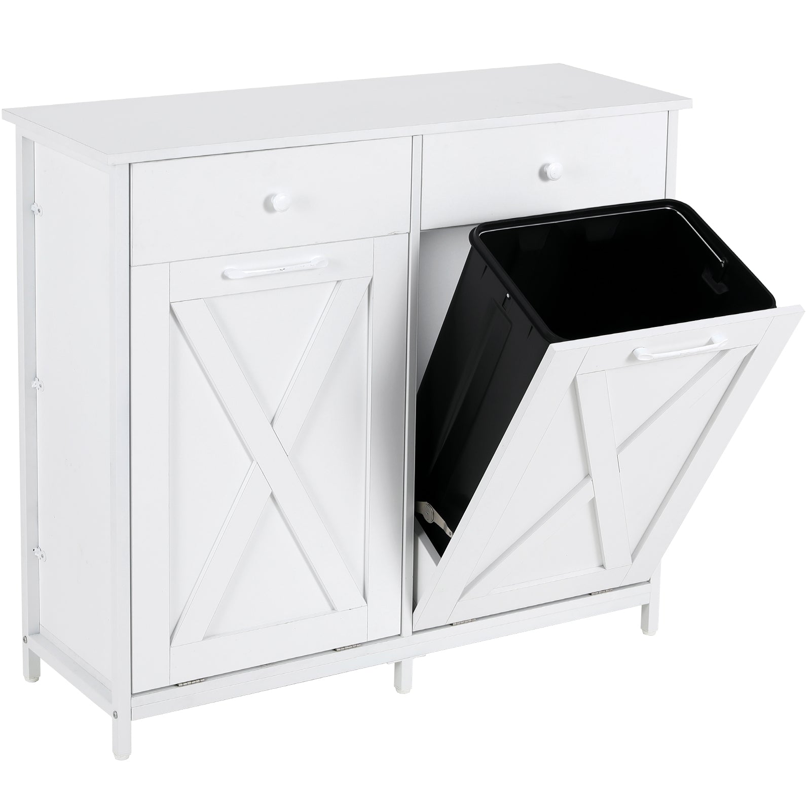 TLSUNNY Dual Tilt-Out Trash Cabinet, Freestanding Recycling Station with Drawer for Living Room/Kitchen