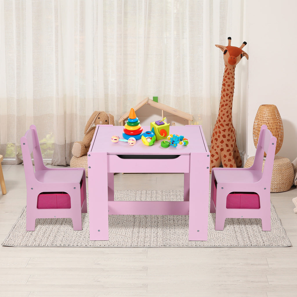 TLSUNNY Kids Table and 2 Chairs, 4-in-1 Toddler Activity Set with Blackboard, Reversible Desk & Storage Organization, for Age 3 +