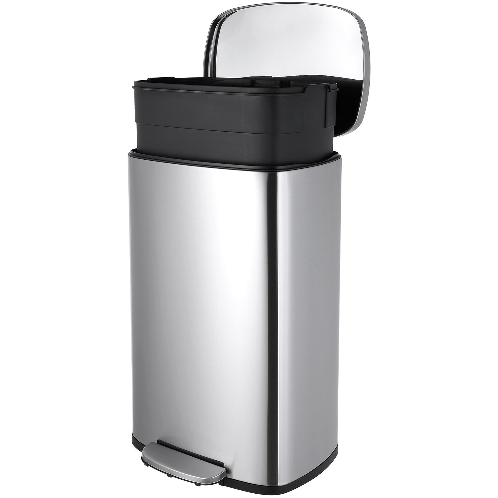 TLSUNNY 8/13.2 Gallon Step Trash Can, Stainless Steel Garbage Bin, Soft-Close Rubbish Bin with Removable Plastic Inner Bucket, Fingerprint-Proof, Lid Dustbin, Suit for Kitchen Home
