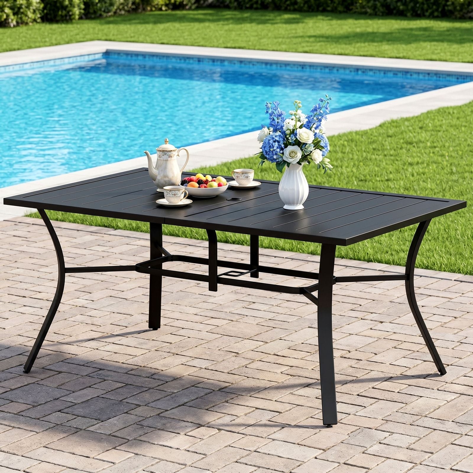 TLSUNNY Patio Dining Table, w/ Adjustable Umbrella Hole & Foot Pads, Metal Outdoor Table w/ Non-Rust E-coating, All Weather for Backyard Lawn Balcony Poolside