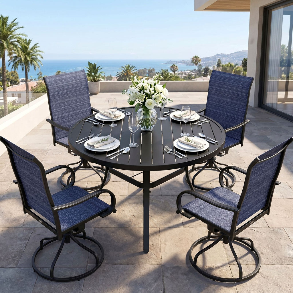 TLSUNNY Outdoor Dining Set, Patio Metal Table and Swivel Chairs Set, W/ Umbrella Hole & Foot Pads, Outdoor Furniture for Backyard, Porch, Garden