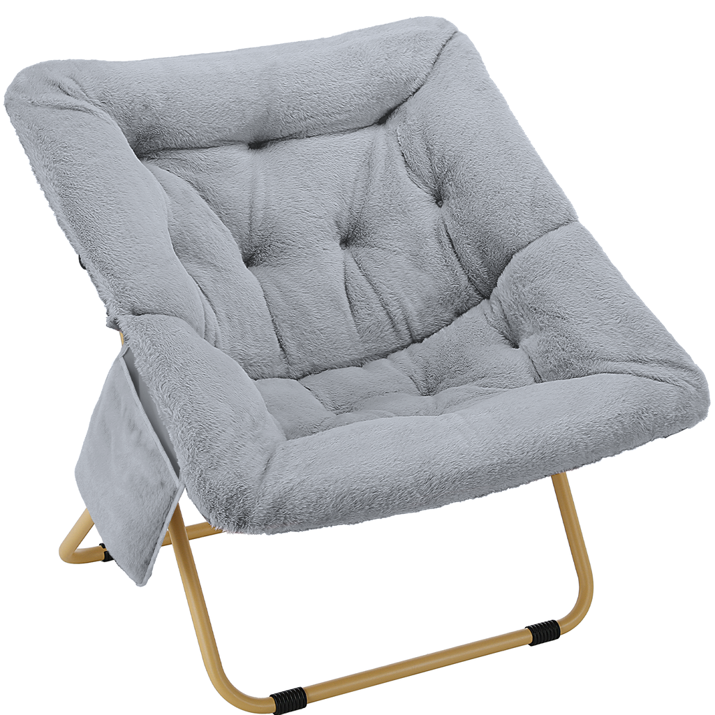 TLSUNNY Foldable Lazy Chair/Foldable Saucer Chair with Ottoman, Comfy Saucer Chair, Soft Faux Fur Reading Lounge Chair, for Living Room, Bedroom, Dorms, Teens Adults