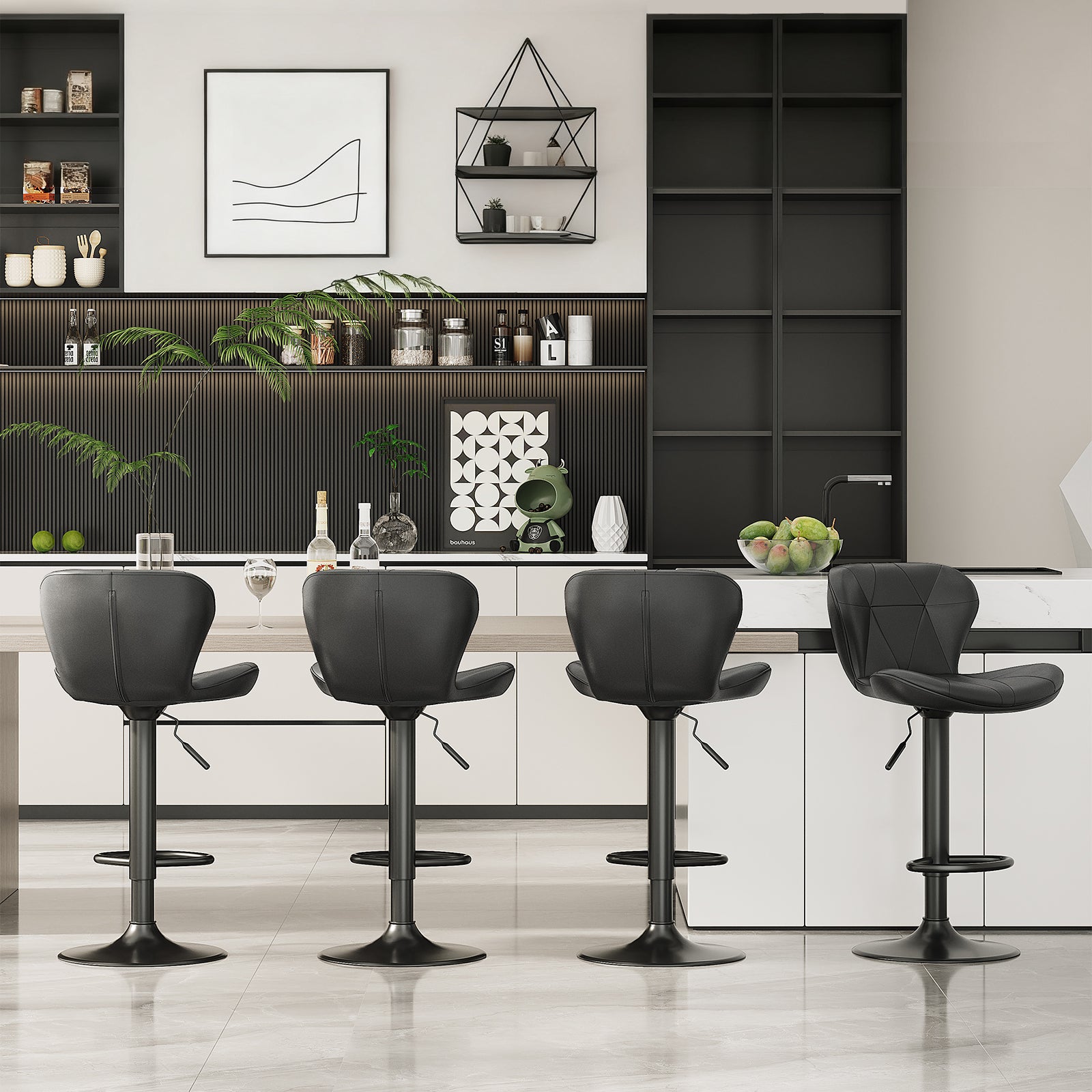 TLSUNNY Modern Upholstered Barstools Set of 2/4, Adjustable Height Counter Stools, PU Leather Swivel Barstools with Metal Frame, for Dining/Cafes