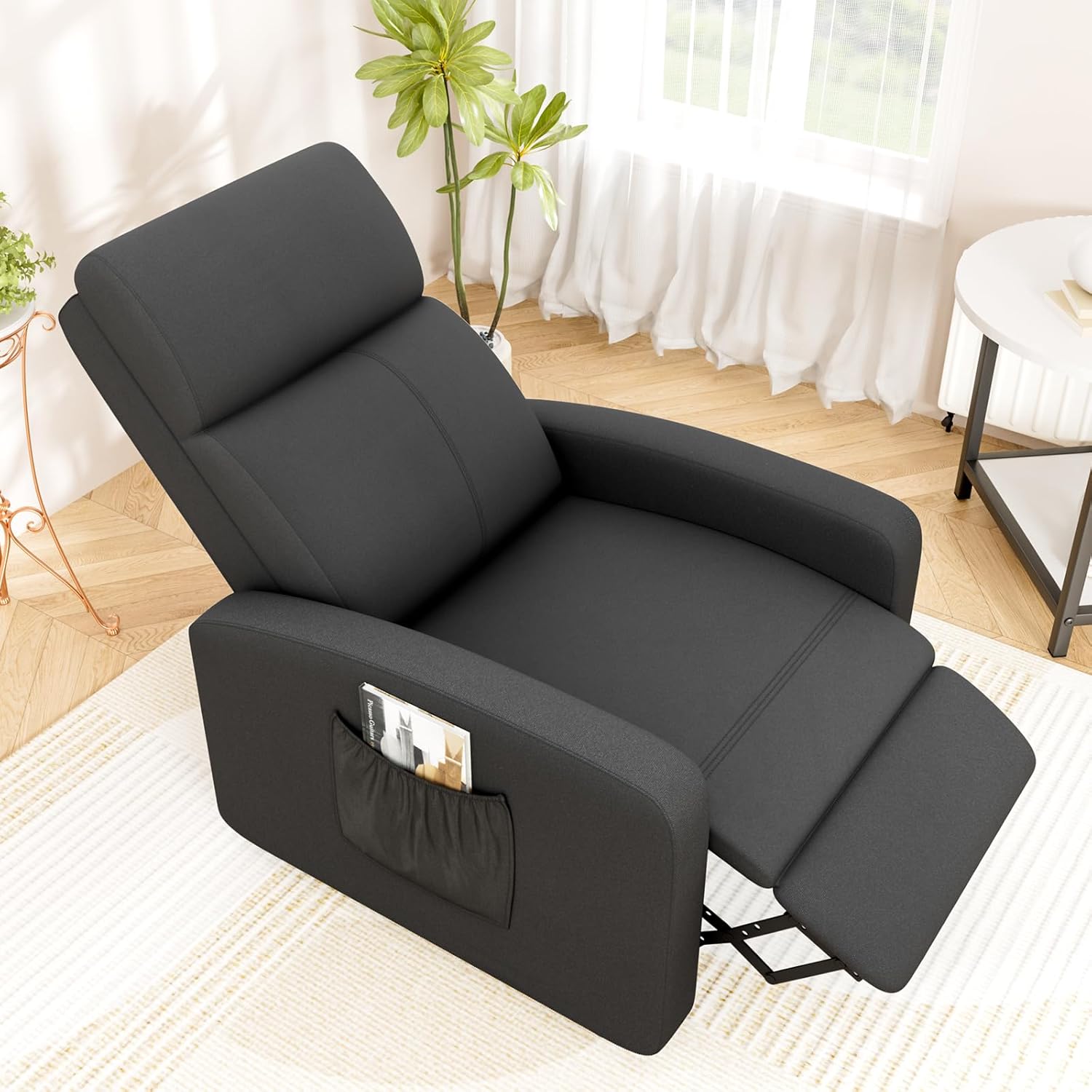 TLSUNNY Fabric Recliner Chair with Side Pocket, Thick Cushion Adjustable Lounger, Modern Home Theater Seating for Bedroom, Living Room