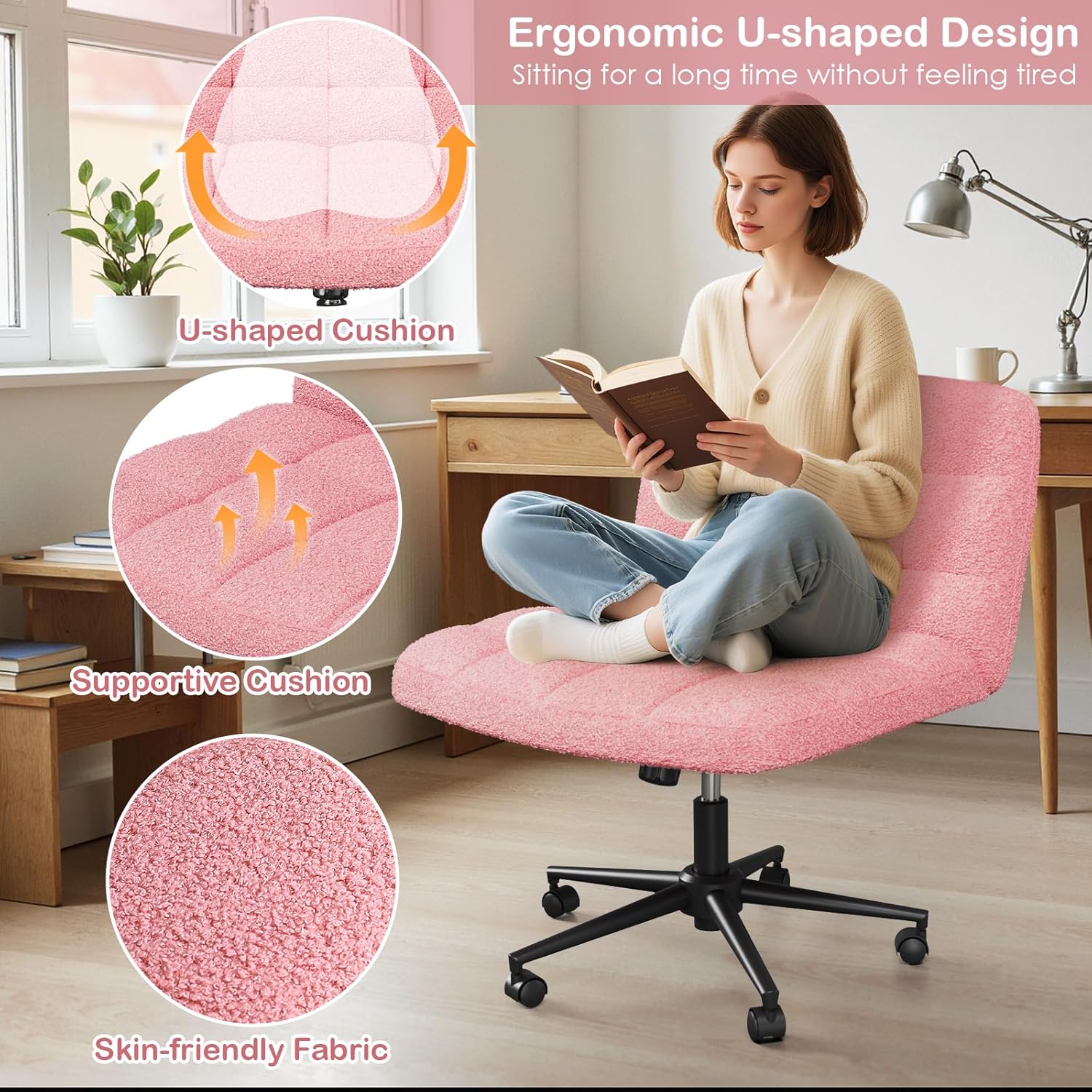 TLSUNNY 360° Swivel Height Adjustable Armless Chair, w/ Wheels and Comfy Wide Cushion, Criss Cross Office Chair, for Home/Bedroom
