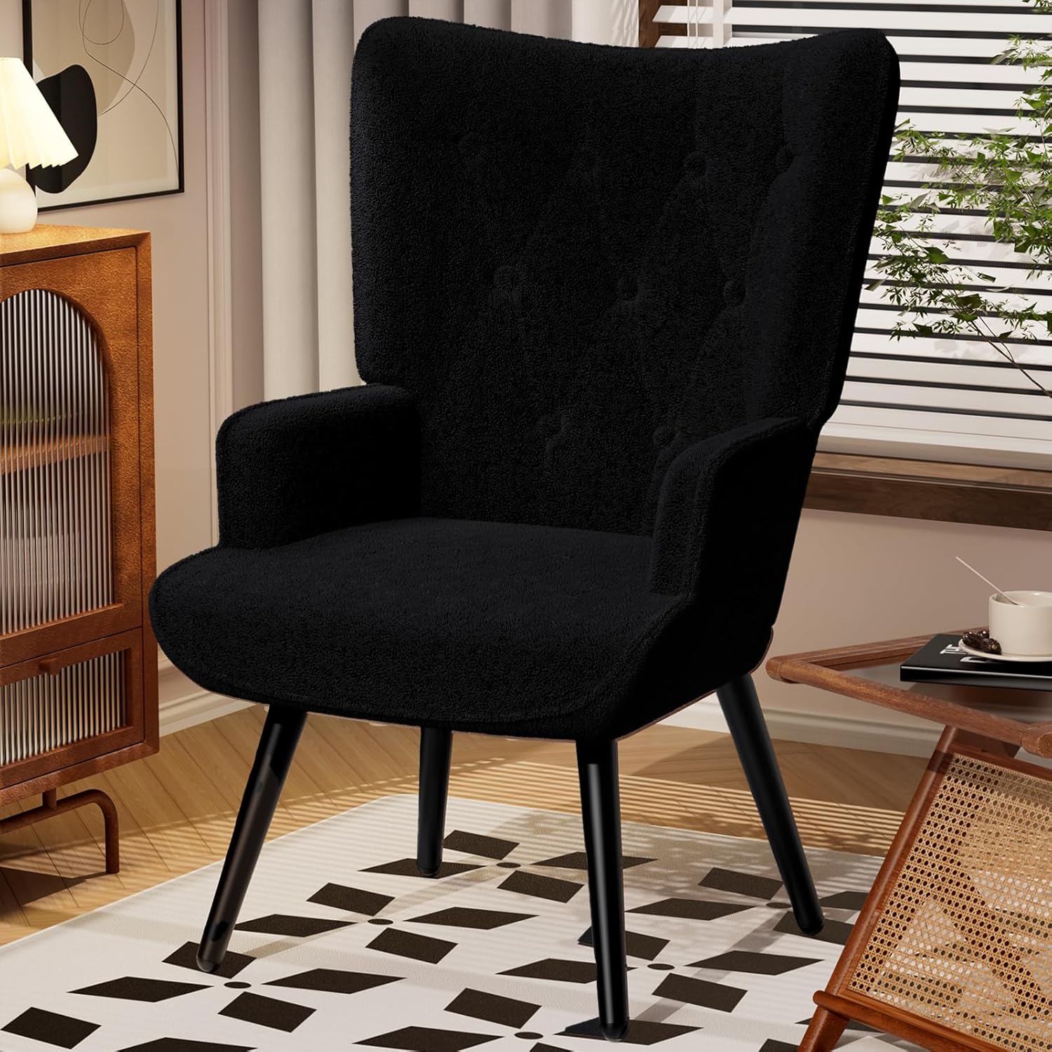 TLSUNNY Accent Chair, Comfy Upholstered Armchair with Metal Legs, High Backrest Living Room Chair, Wingback Chair Mid Century Modern for Living Room/Vanity/Bedroom