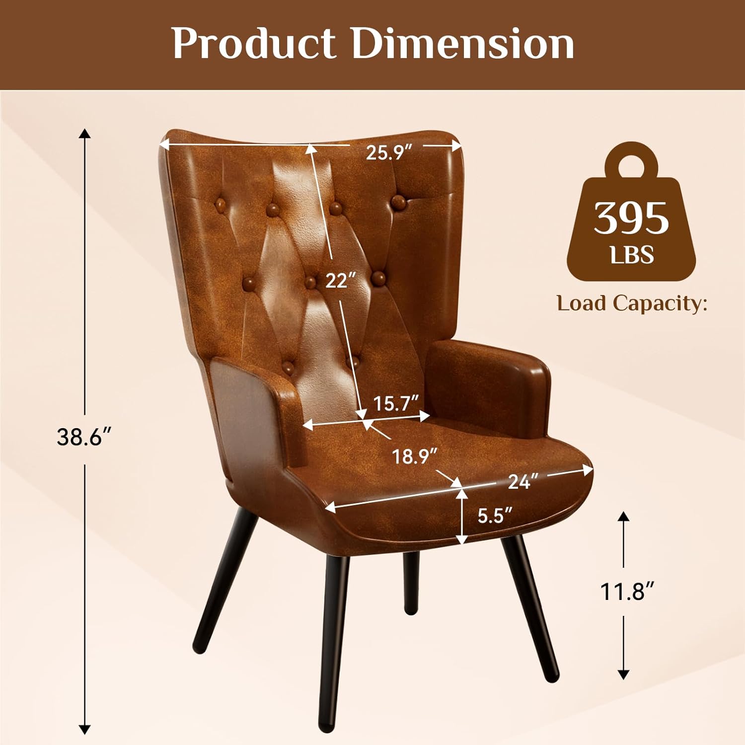 TLSUNNY Accent Chair, Comfy Upholstered Armchair with Metal Legs, High Backrest Living Room Chair, Wingback Chair Mid Century Modern for Living Room/Vanity/Bedroom