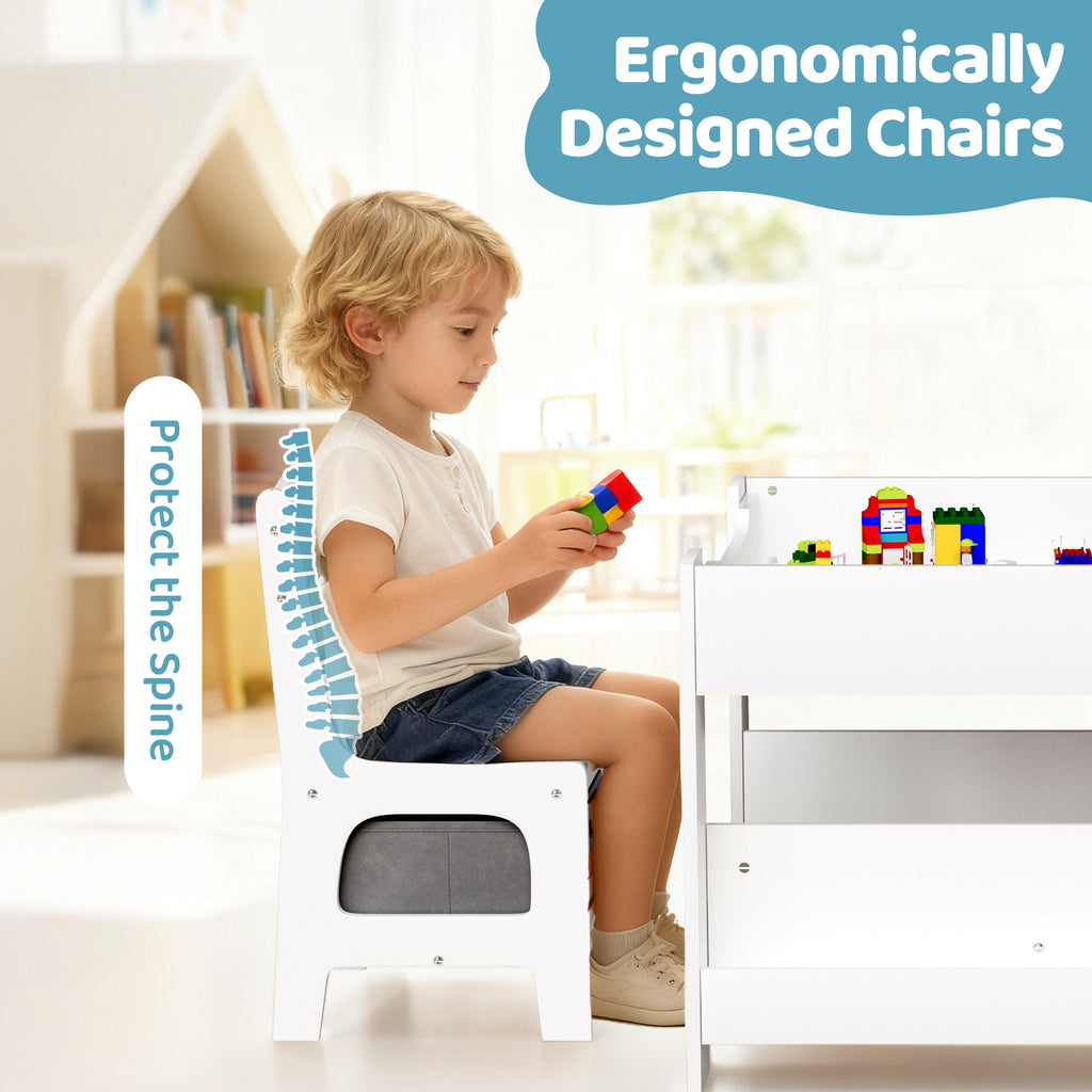 TLSUNNY Kids Table and Chairs Set, 4-in-1 Toddler Activity Art Table with Bookshelf Storage & Reversible Top, for Drawing, Playing, Learning