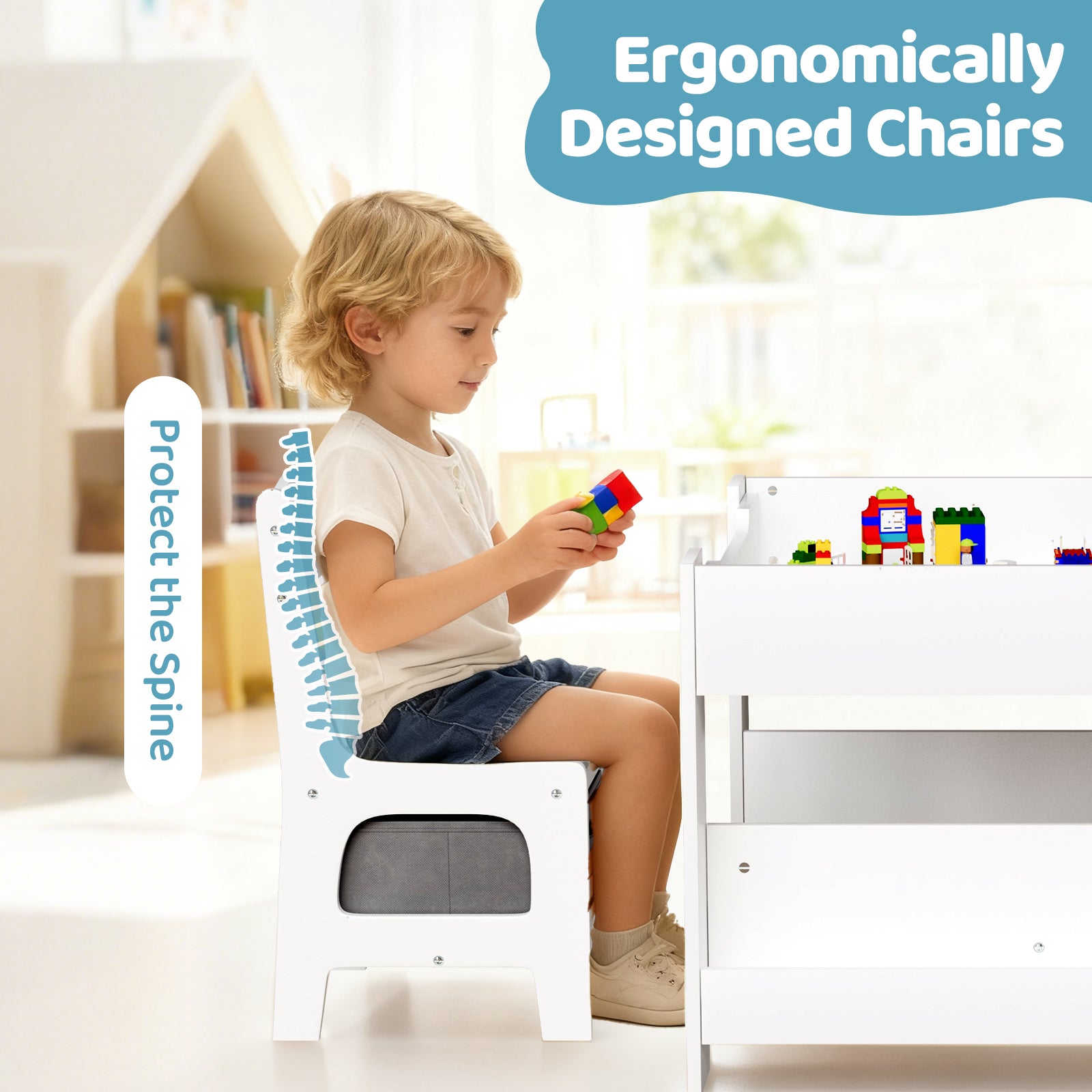 TLSUNNY Kids Table and Chairs Set, 4-in-1 Toddler Activity Art Table with Bookshelf Storage & Reversible Top, for Drawing, Playing, Learning