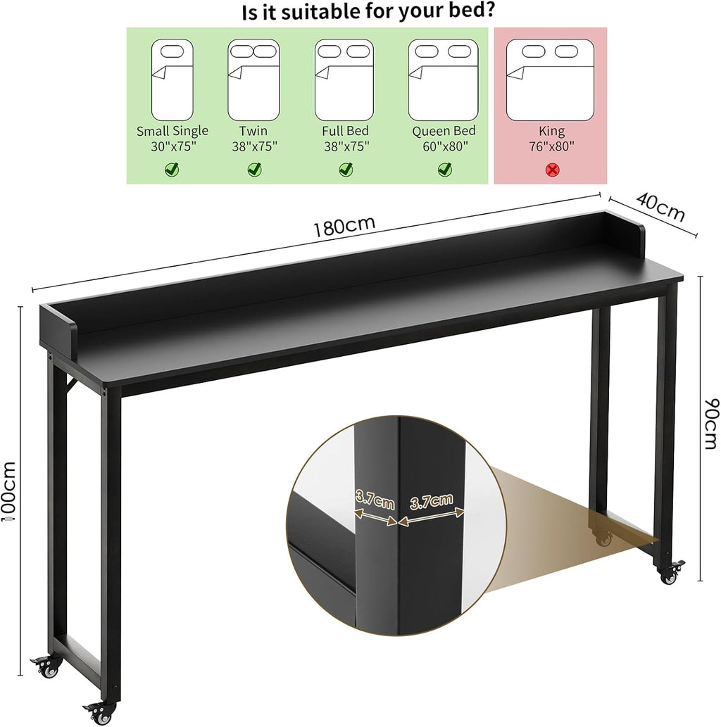 TLSUNNY Rolling Overbed Table for Queen/Full Size Bed, 70.8" Mobile Computer Desk for Hospital Bed & Home Office