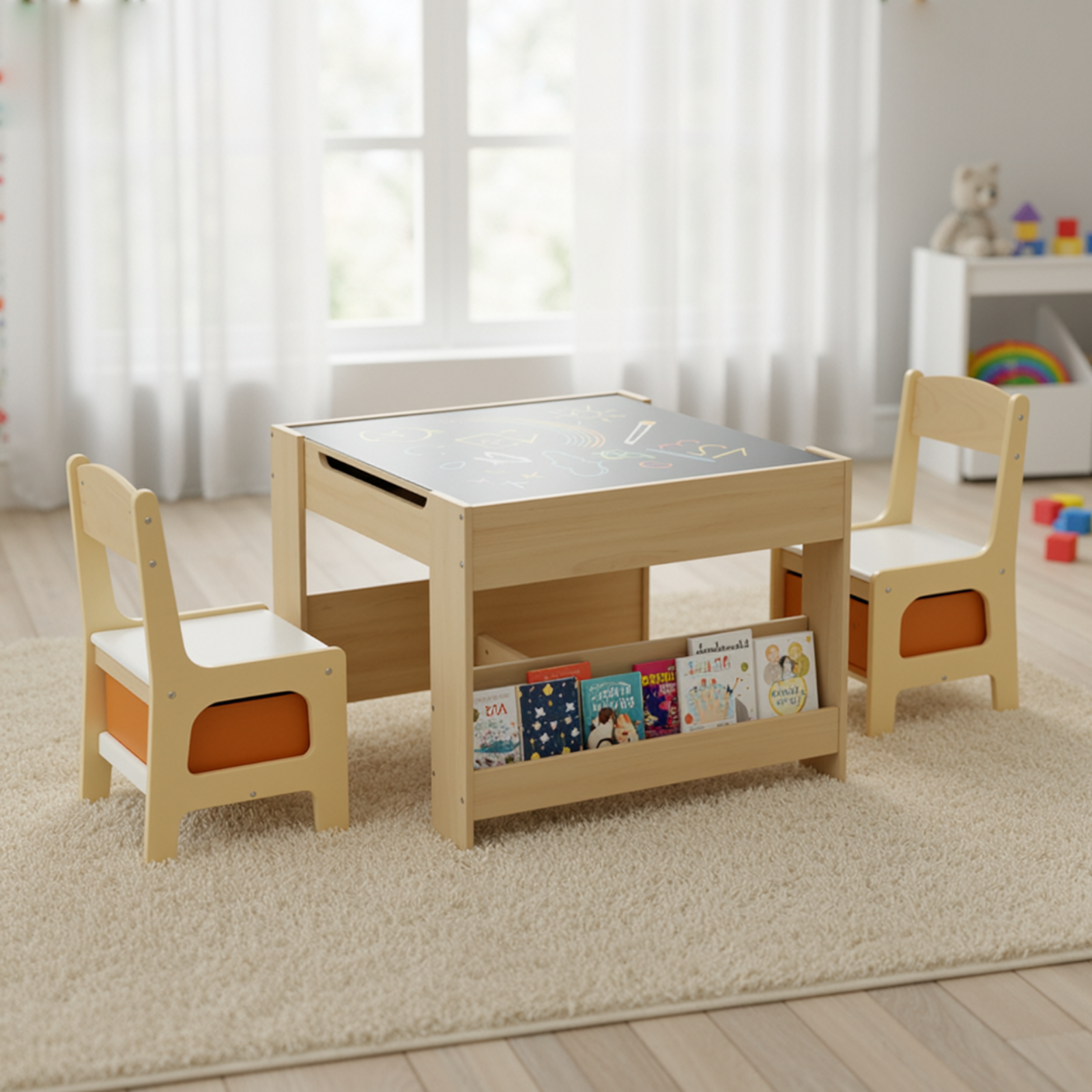 TLSUNNY Kids Table and Chairs Set, 4-in-1 Toddler Activity Art Table with Bookshelf Storage & Reversible Top, for Drawing, Playing, Learning