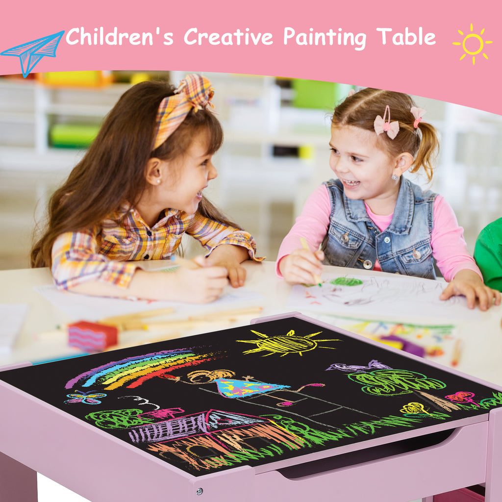 TLSUNNY Kids Table and 2 Chairs, 4-in-1 Toddler Activity Set with Blackboard, Reversible Desk & Storage Organization, for Age 3 +