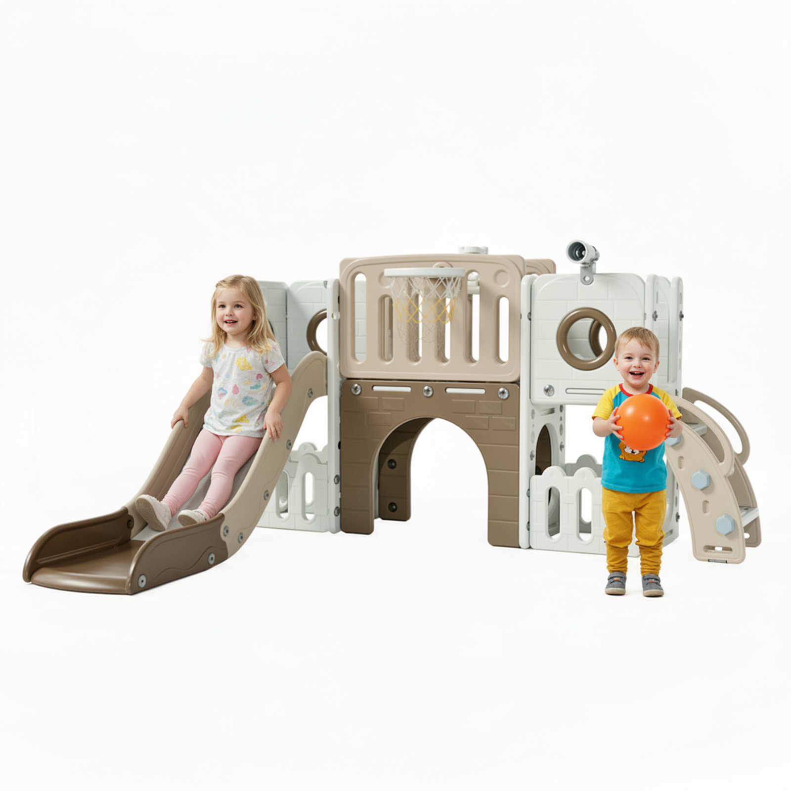 TLSUNNY 9-in-1 Kids Slide & Climber Set, with Basketball Hoop, Telescope & Tunnel, Indoor Outdoor Toddler Playset