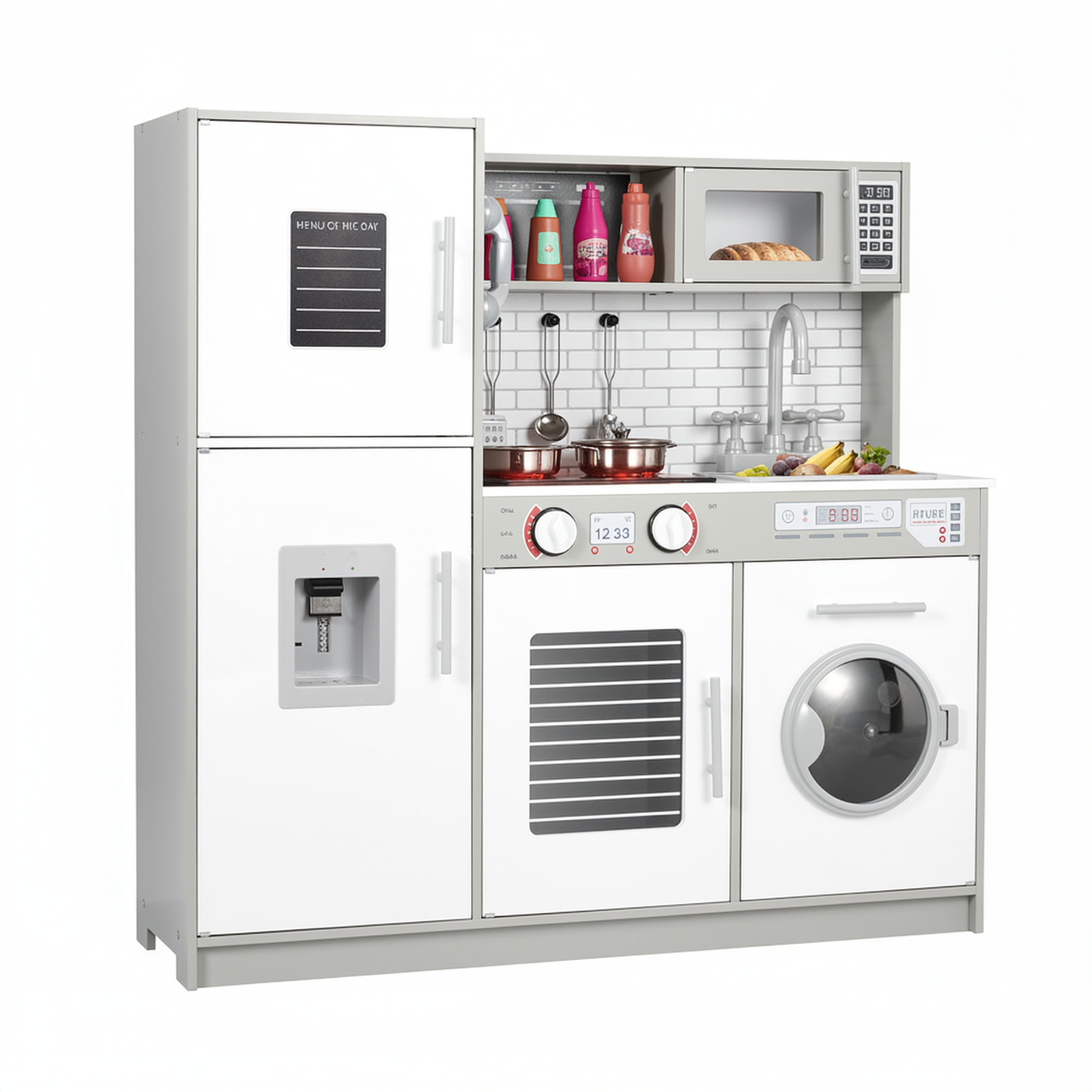 TLSUNNY Kids Play Kitchen, w/ Realistic Lights & Sounds, Washing Machine, Water Dispenser & Stove, Wooden Kitchen Playset for Toddlers Ages 3+