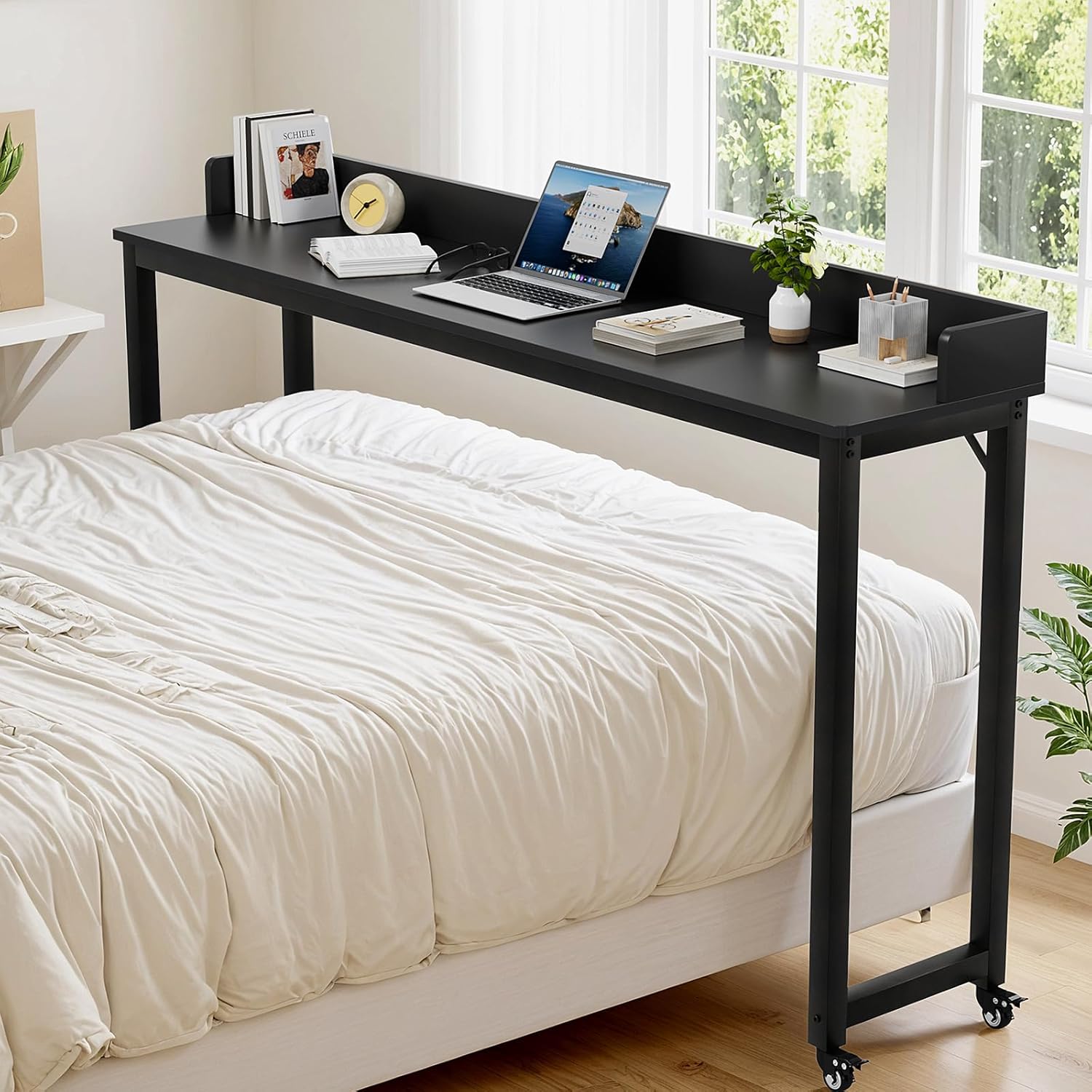 TLSUNNY Rolling Overbed Table for Queen/Full Size Bed, 70.8" Mobile Computer Desk for Hospital Bed & Home Office