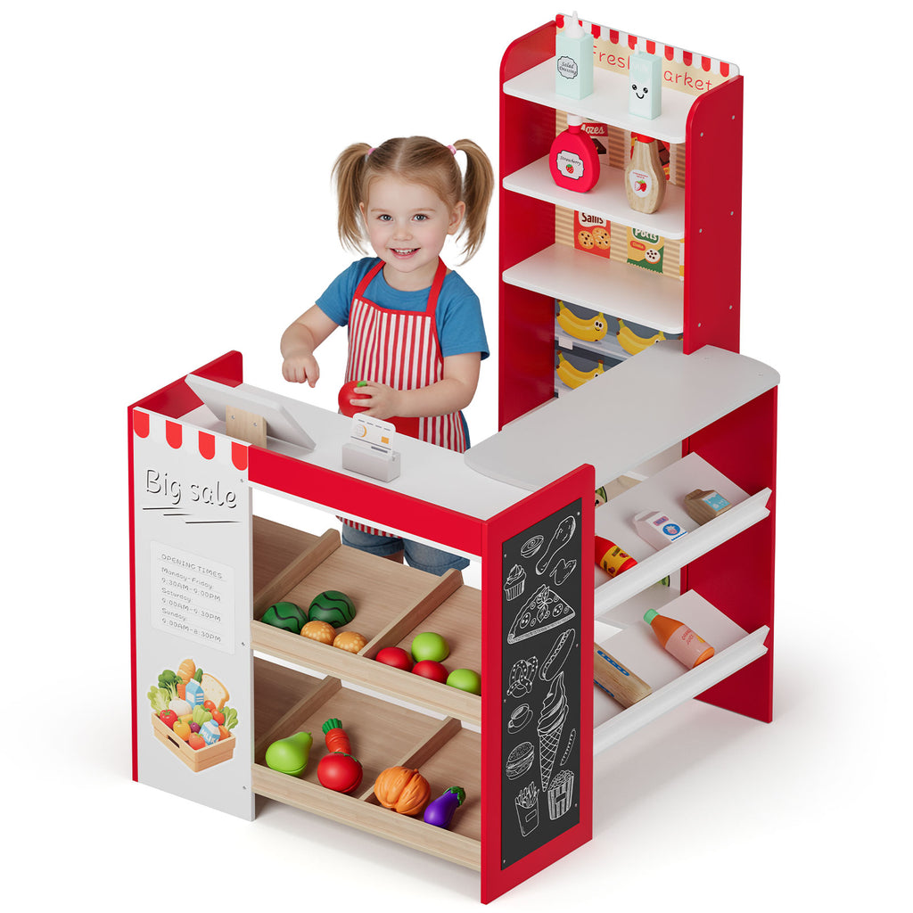 TLSUNNY Kids Pretend Play Grocery Store Playset, Wooden Supermarket Toy Set, Toddler Market Checkout Stand w/ Chalkboard, Cash Register, Shelves, Play Food Accessories