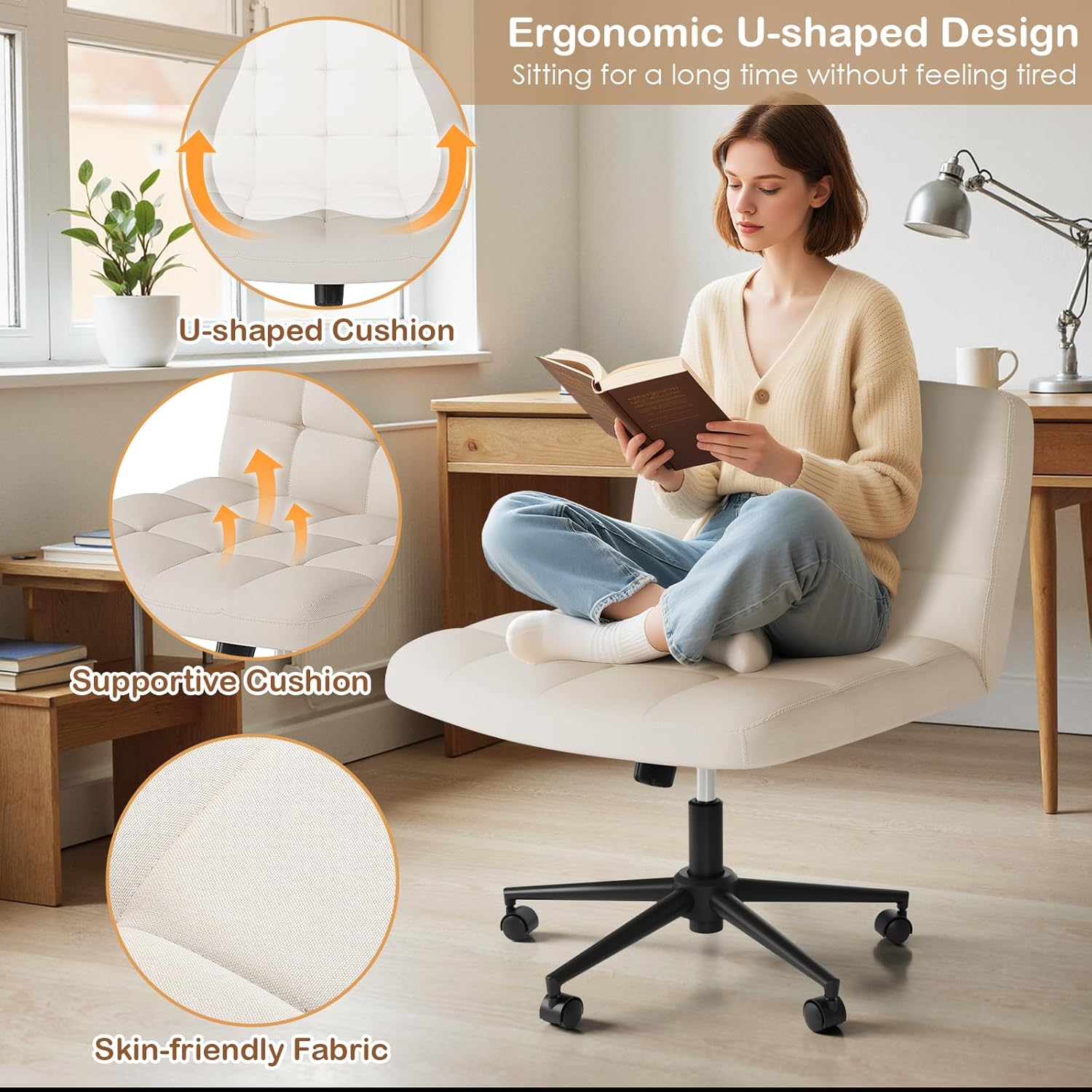 TLSUNNY 360° Swivel Height Adjustable Armless Chair, w/ Wheels and Comfy Wide Cushion, Criss Cross Office Chair, for Home/Bedroom
