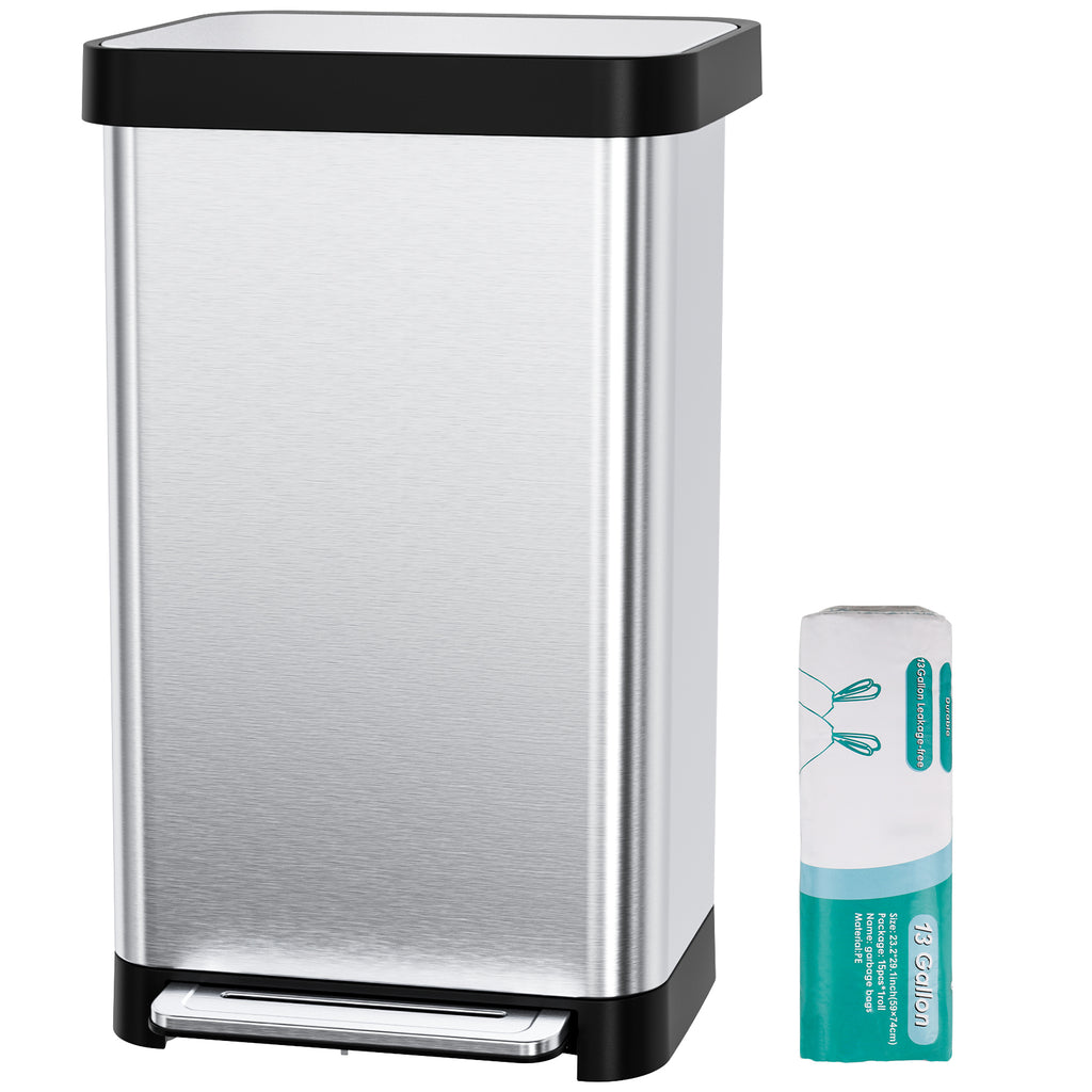 TLSUNNY 13.2 Gal Stainless Steel Trash Can, with 15 Trash Bags & Odor Control, Step-on Pedal Bin with Soft-Close Lid, No Inner Bucket, for Kitchen/Office