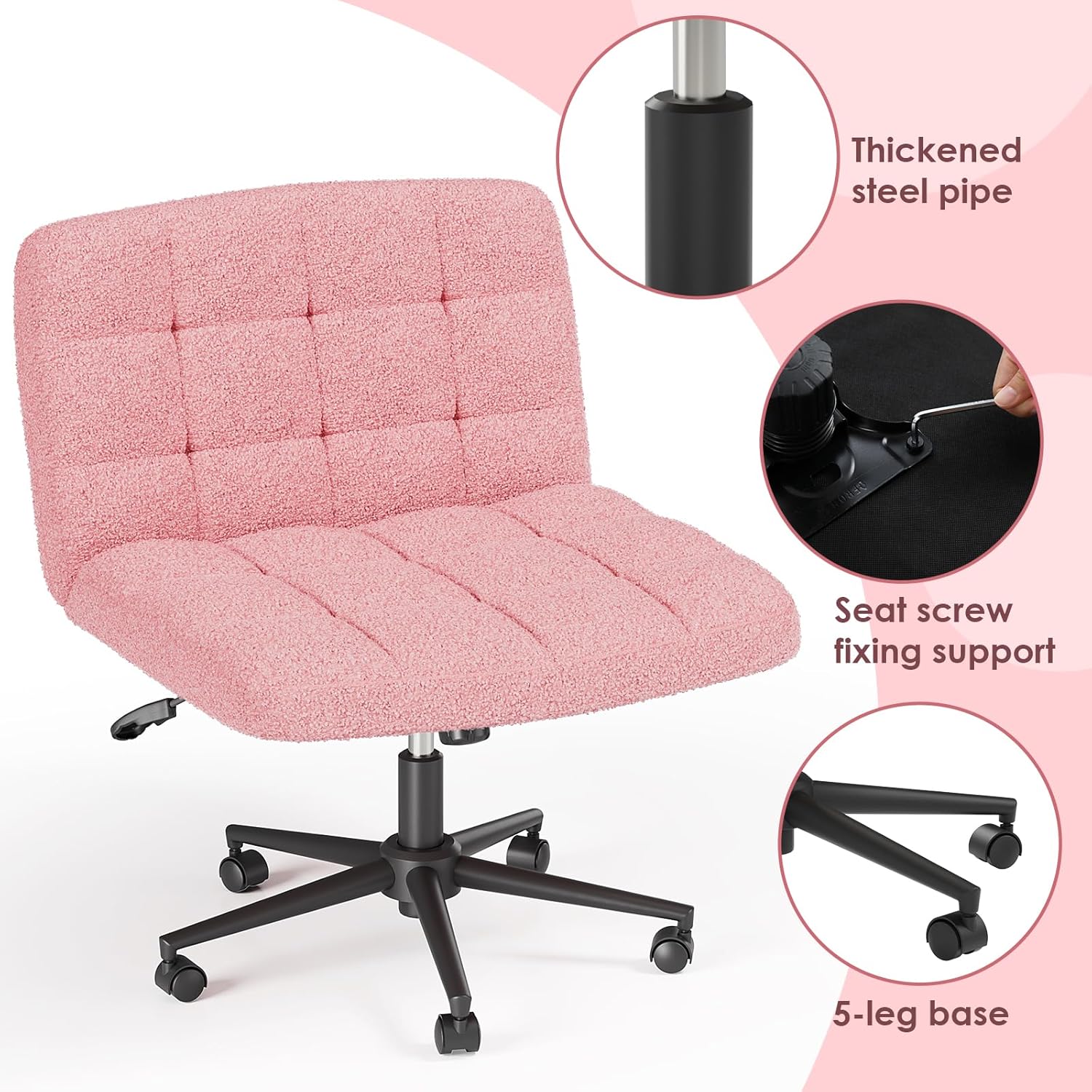 TLSUNNY 360° Swivel Height Adjustable Armless Chair, w/ Wheels and Comfy Wide Cushion, Criss Cross Office Chair, for Home/Bedroom