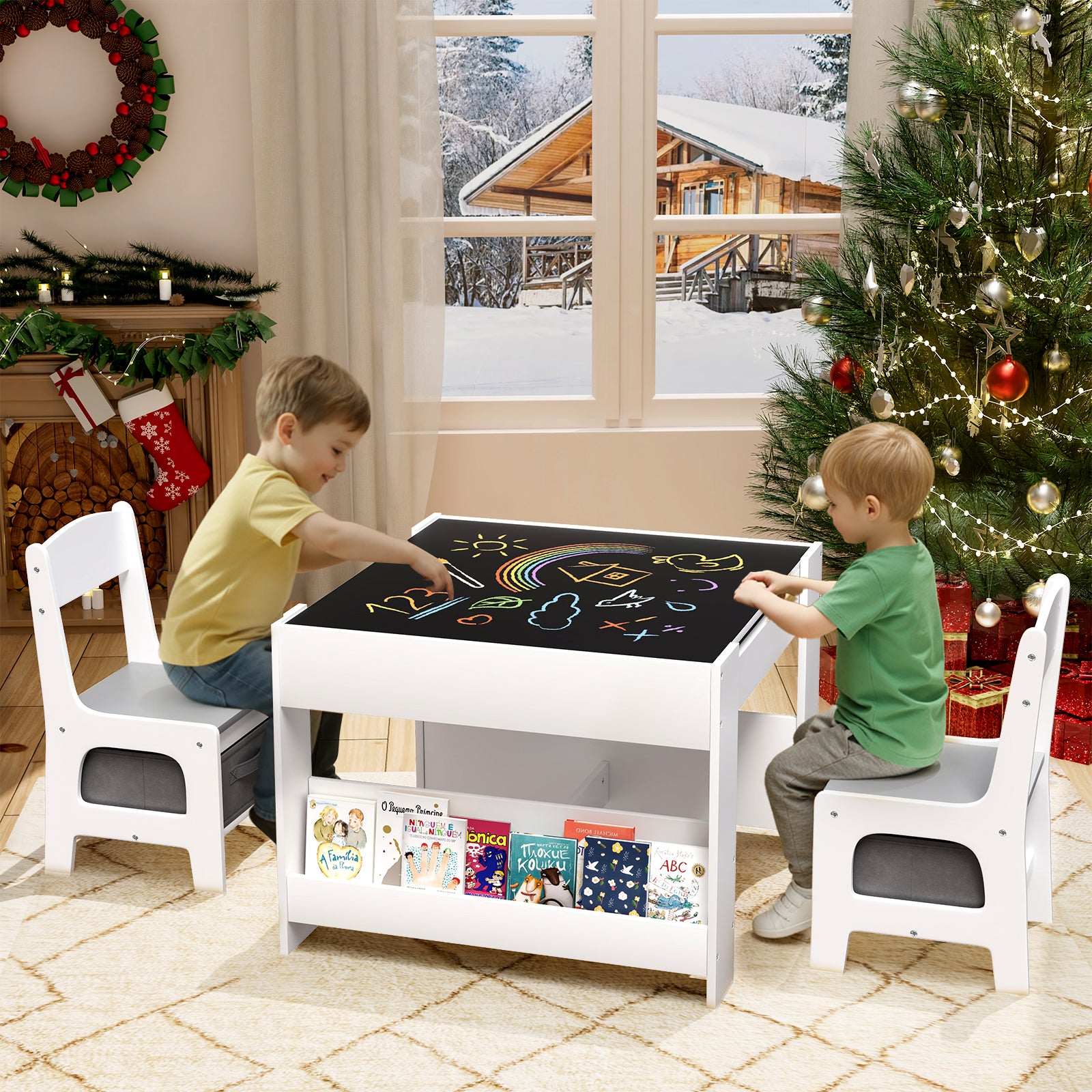 TLSUNNY Kids Table and Chairs Set, 4-in-1 Toddler Activity Art Table with Bookshelf Storage & Reversible Top, for Drawing, Playing, Learning