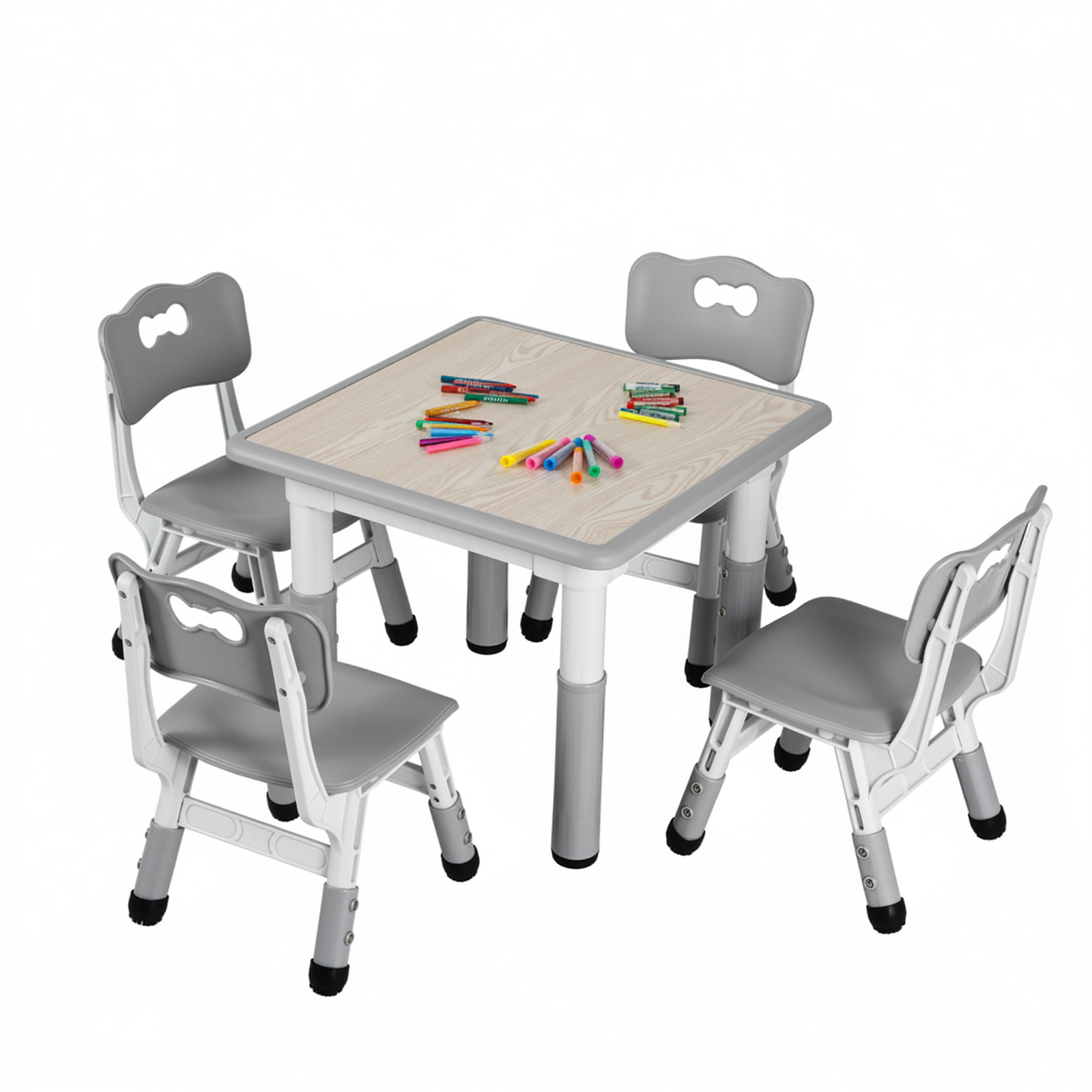 TLSUNNY Kids Table & 4 Chairs Set, Height Adjustable Children Activity Table Set for Ages 2-10, Gray