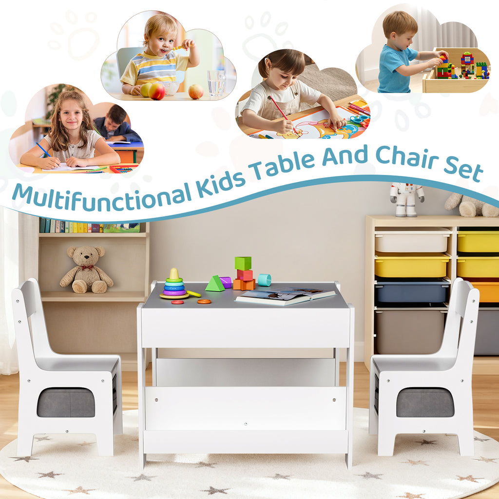 TLSUNNY Kids Table and Chairs Set, 4-in-1 Toddler Activity Art Table with Bookshelf Storage & Reversible Top, for Drawing, Playing, Learning