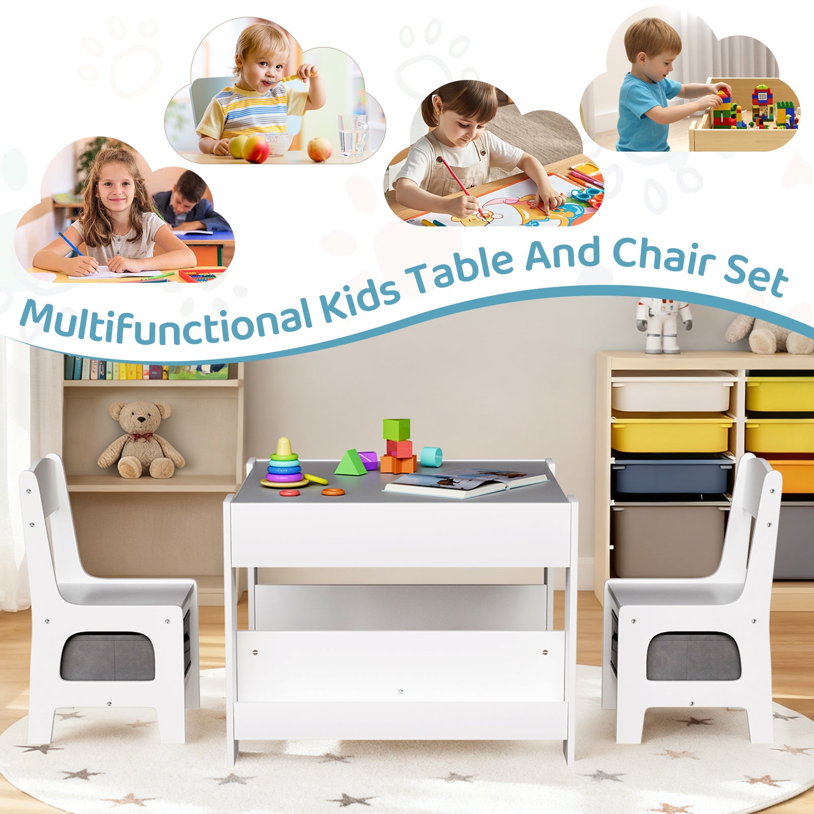 TLSUNNY Kids Table and Chairs Set, 4-in-1 Toddler Activity Art Table with Bookshelf Storage & Reversible Top, for Drawing, Playing, Learning