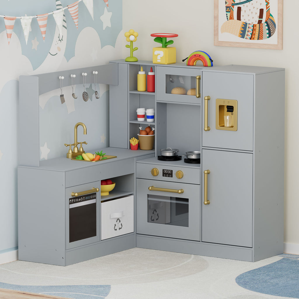 TLSUNNY Corner Play Kitchen with Lights & Sounds, Sink, Fridge, Microwave & Storage, Wooden Toddler Toy for Ages 3+
