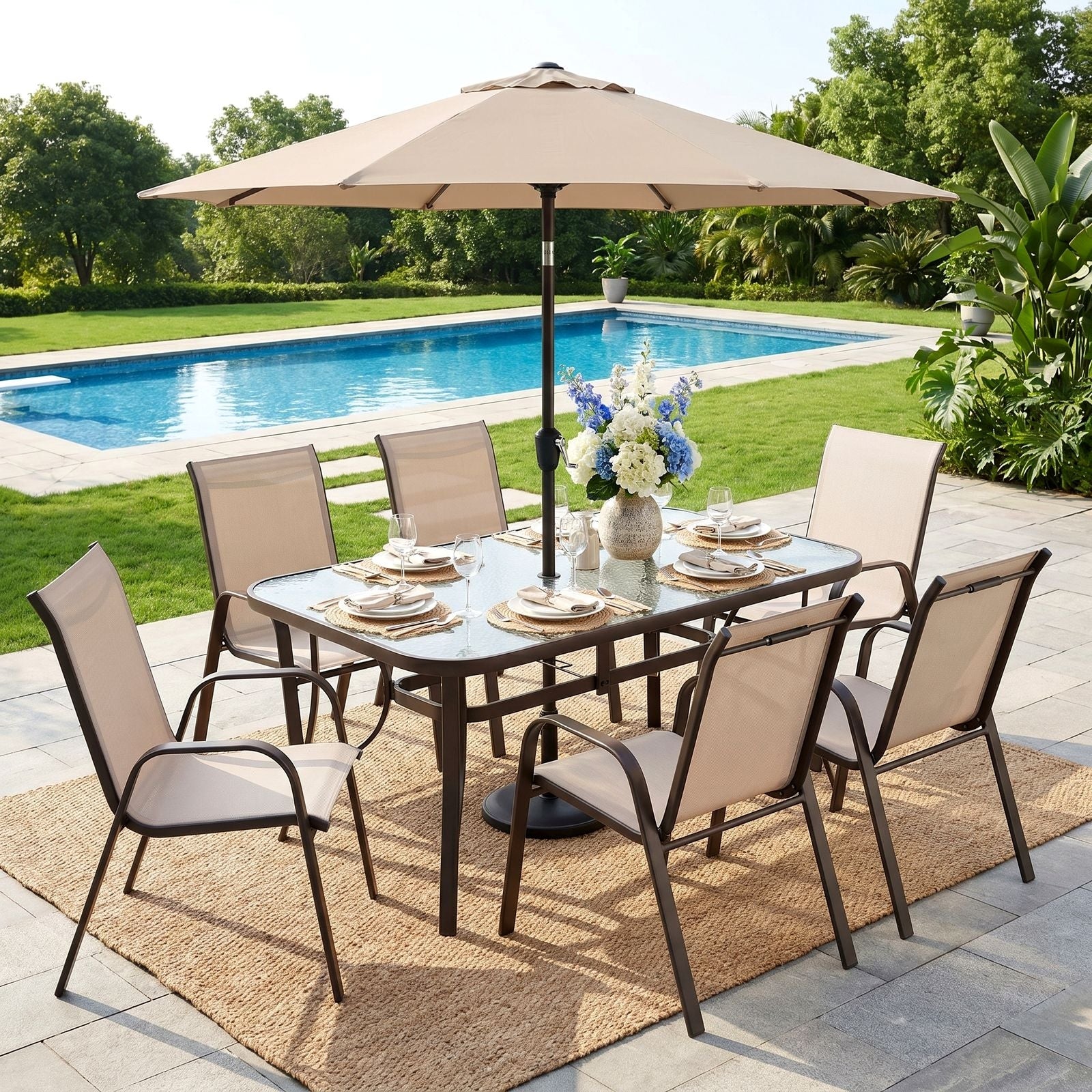 TLSUNNY Patio Table and 6 Chairs Set, Outdoor Furniture Set of 7, Widened Table w/ Umbrella Hole, Stackable Textilene Chairs, for Backyard, Porch, Garden