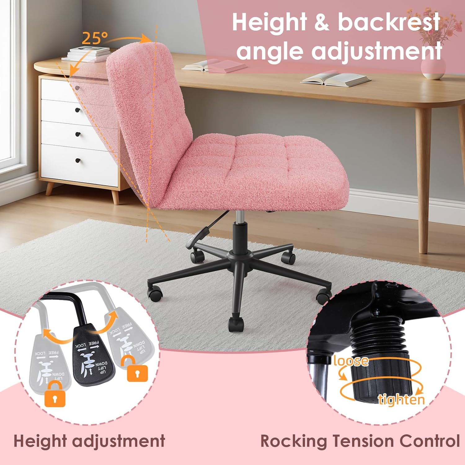 TLSUNNY 360° Swivel Height Adjustable Armless Chair, w/ Wheels and Comfy Wide Cushion, Criss Cross Office Chair, for Home/Bedroom