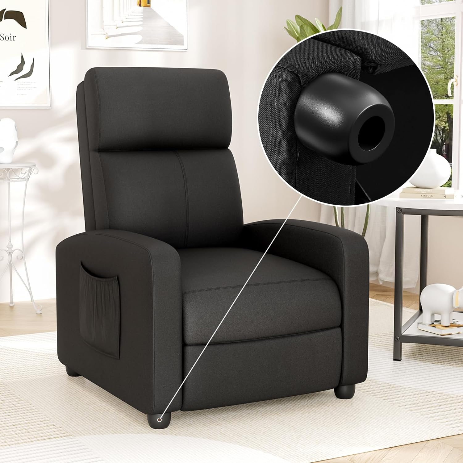 TLSUNNY Fabric Recliner Chair with Side Pocket, Thick Cushion Adjustable Lounger, Modern Home Theater Seating for Bedroom, Living Room