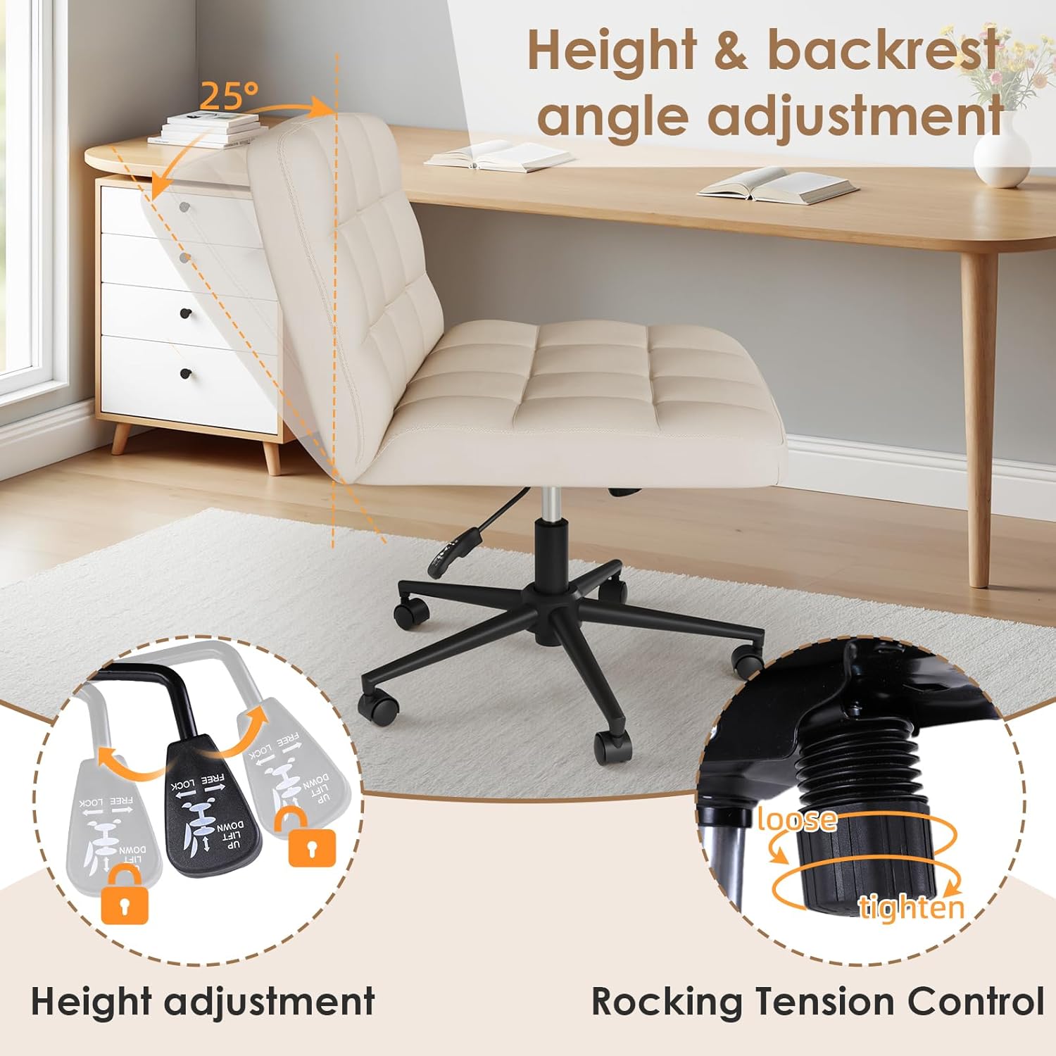 TLSUNNY 360° Swivel Height Adjustable Armless Chair, w/ Wheels and Comfy Wide Cushion, Criss Cross Office Chair, for Home/Bedroom