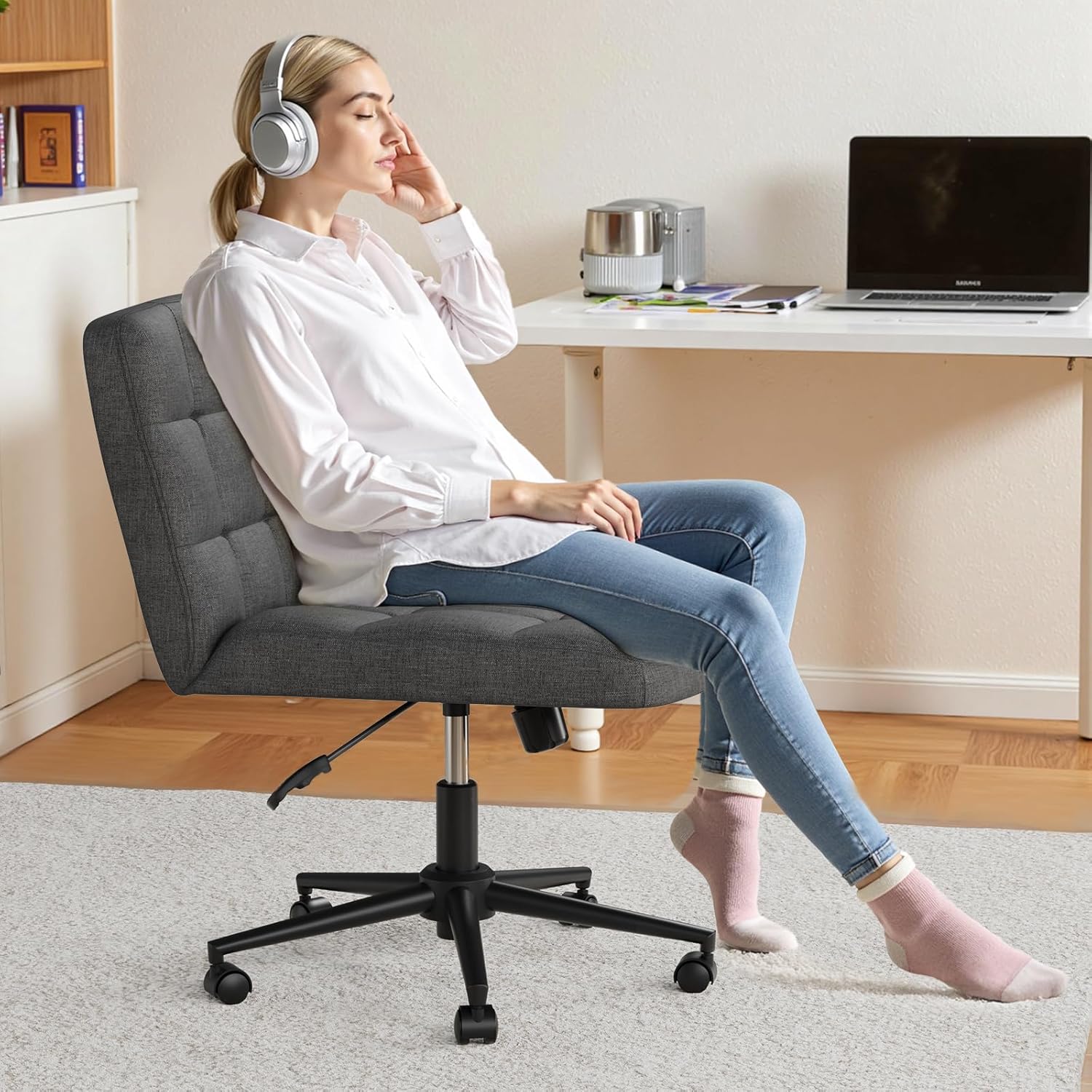 TLSUNNY 360° Swivel Height Adjustable Armless Chair, w/ Wheels and Comfy Wide Cushion, Criss Cross Office Chair, for Home/Bedroom