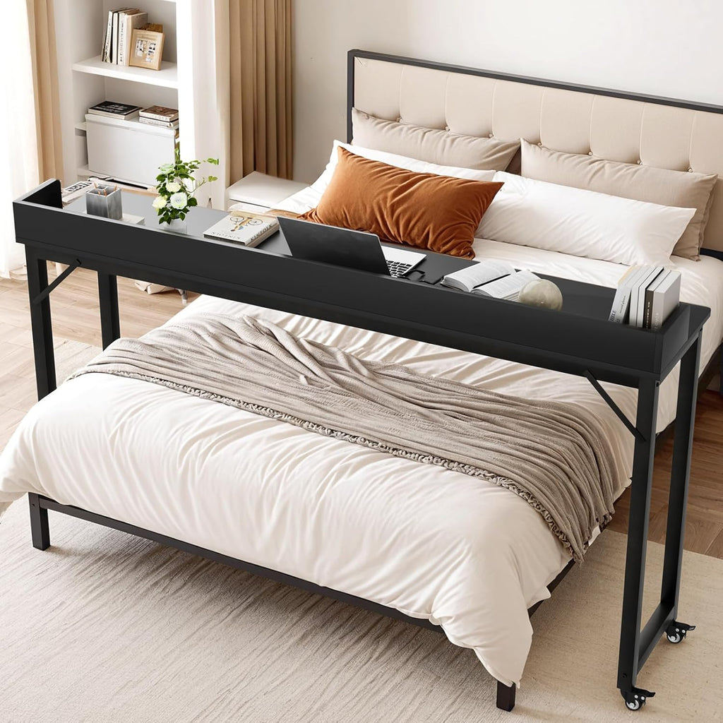 TLSUNNY Rolling Overbed Table for Queen/Full Size Bed, 70.8" Mobile Computer Desk for Hospital Bed & Home Office