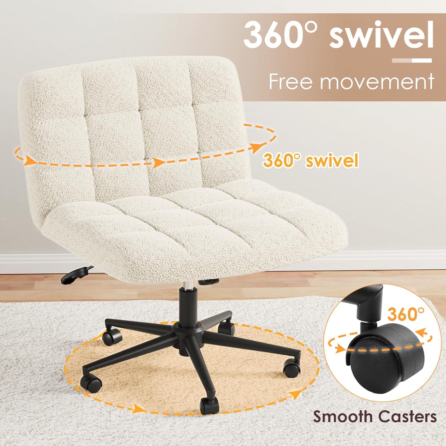TLSUNNY 360° Swivel Height Adjustable Armless Chair, w/ Wheels and Comfy Wide Cushion, Criss Cross Office Chair, for Home/Bedroom