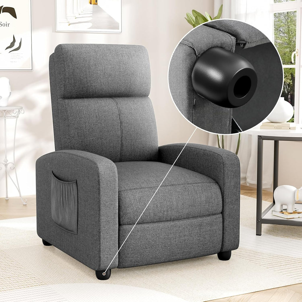 TLSUNNY Fabric Recliner Chair with Side Pocket, Thick Cushion Adjustable Lounger, Modern Home Theater Seating for Bedroom, Living Room