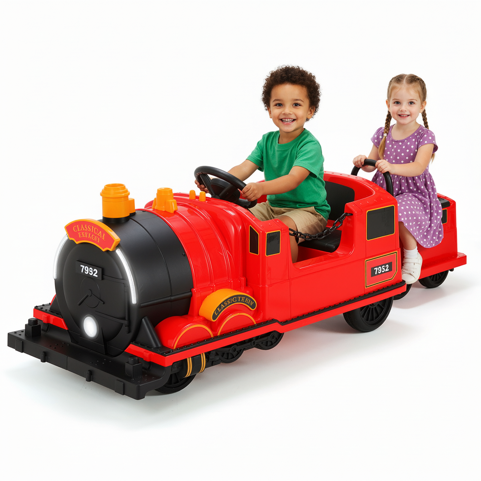 TLSUNNY Kids Ride On Train Trackless, 12V Kids Battery Powered Electric Train w/ Lights & Music, Detachable Carriage, Storage, for Toddlers