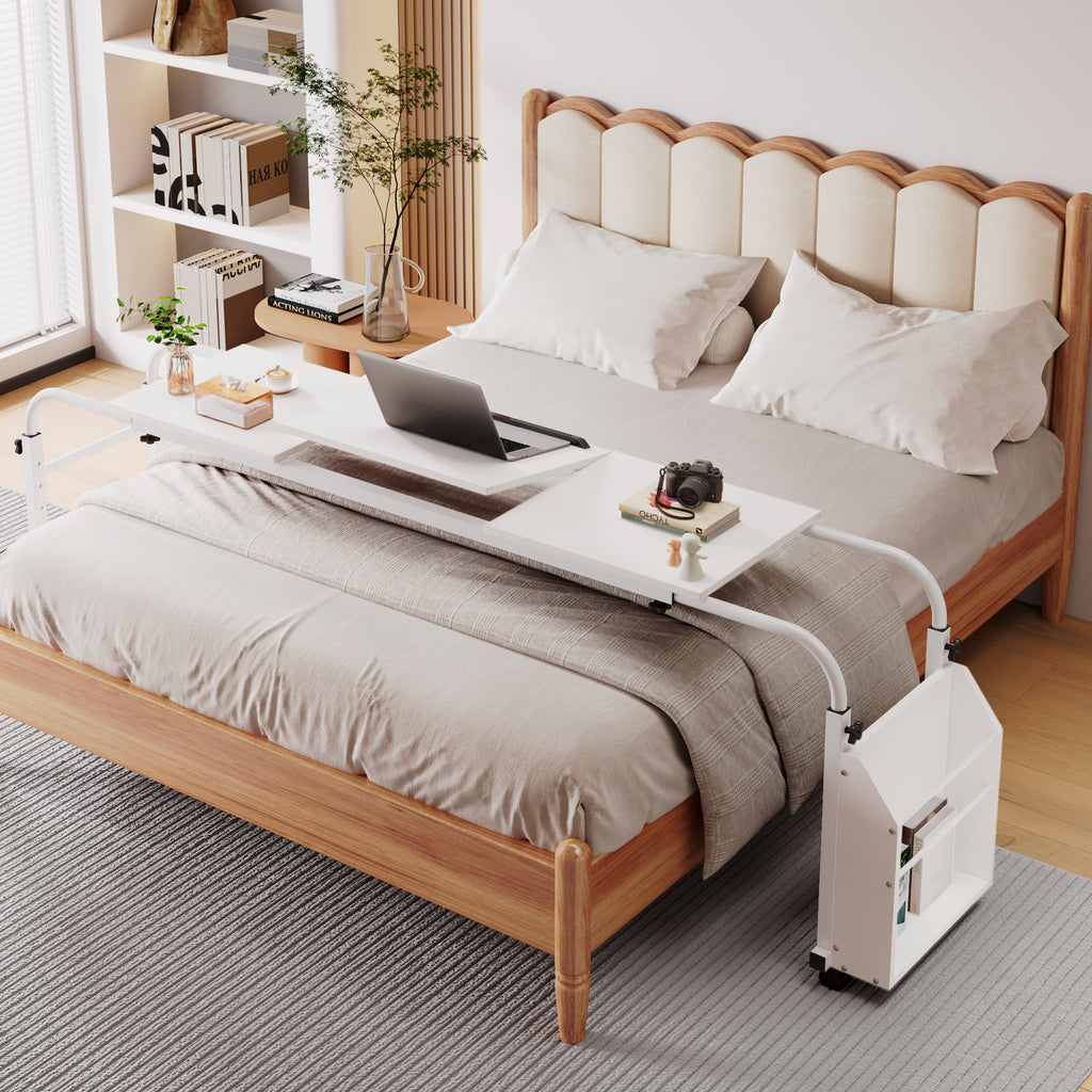 TLSUNNY Adjustable Overbed Table with Wheels, Height & Length Adjustable Laptop Cart w/ Tilt Stand, Side Storage Basket for King/Queen Beds