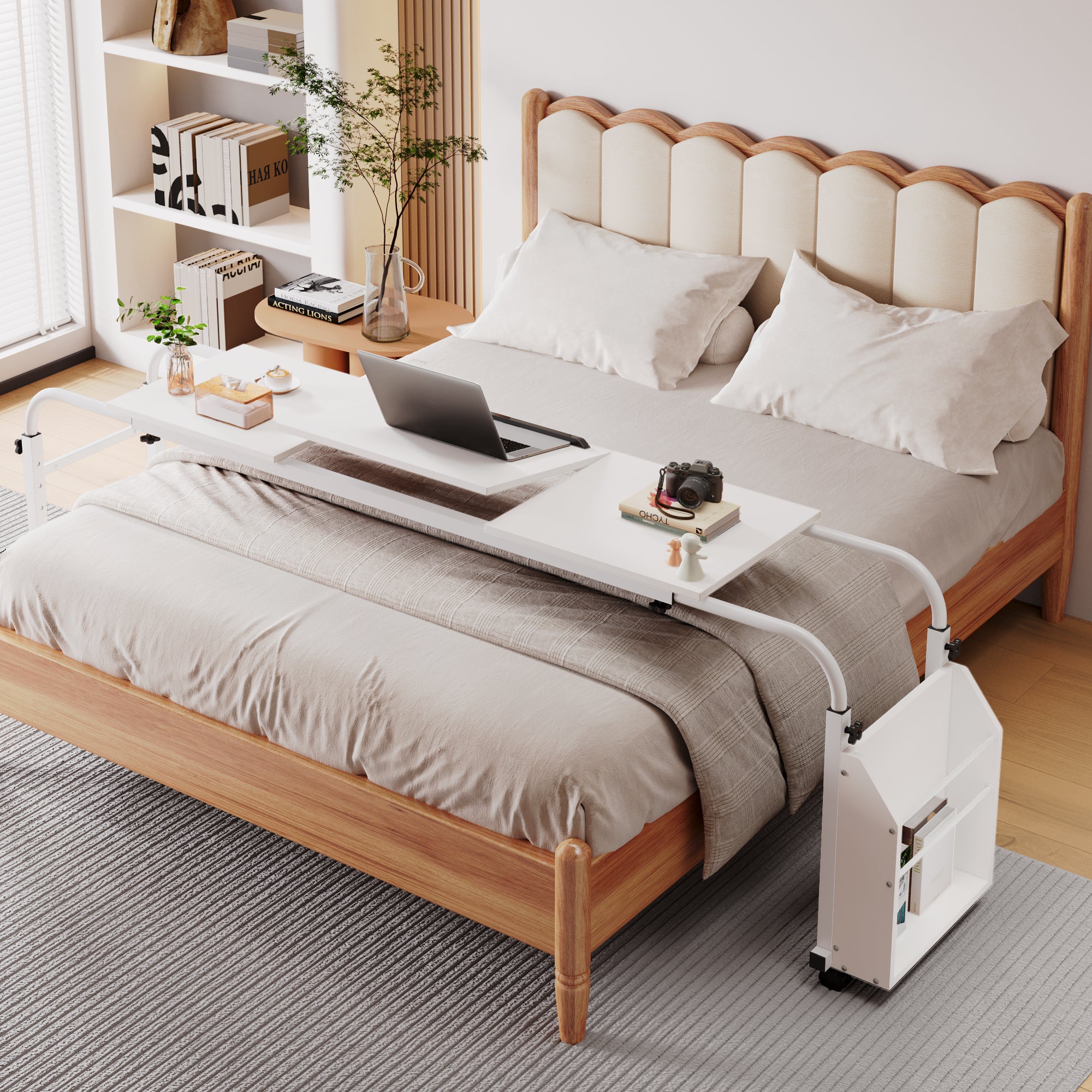 TLSUNNY Adjustable Overbed Table with Wheels, Height & Length Adjustable Laptop Cart w/ Tilt Stand, Side Storage Basket for King/Queen Beds