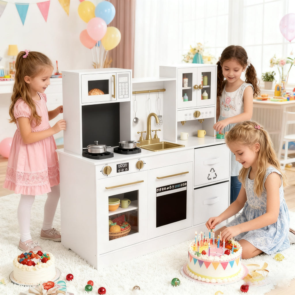 TLSUNNY Kids Play Kitchen, Wooden Pretend Cooking Play Toy Set with Cookware Accessories, Sink, Microwave and Realistic Light & Sounds, Gifts for Age 3+