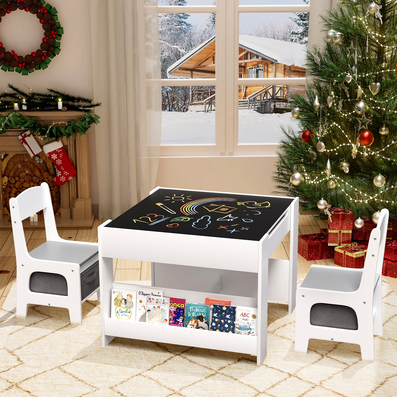 TLSUNNY Kids Table and Chairs Set, 4-in-1 Toddler Activity Art Table with Bookshelf Storage & Reversible Top, for Drawing, Playing, Learning